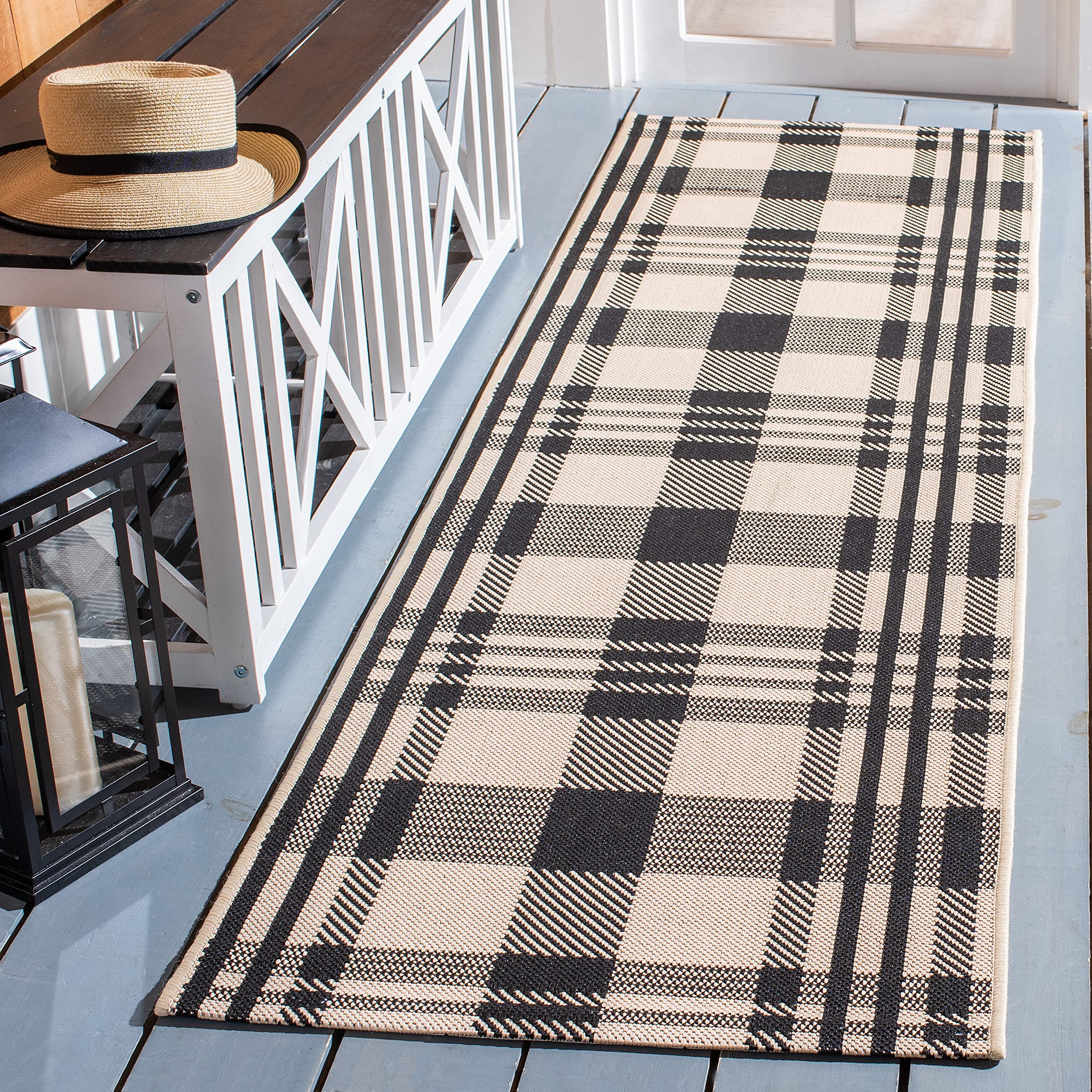 SAFAVIEH Courtyard Collection 23 x 14 Black/Bone CY6201 Plaid Indoor/ Outdoor Patio Backyard Mudroom Runner Rug