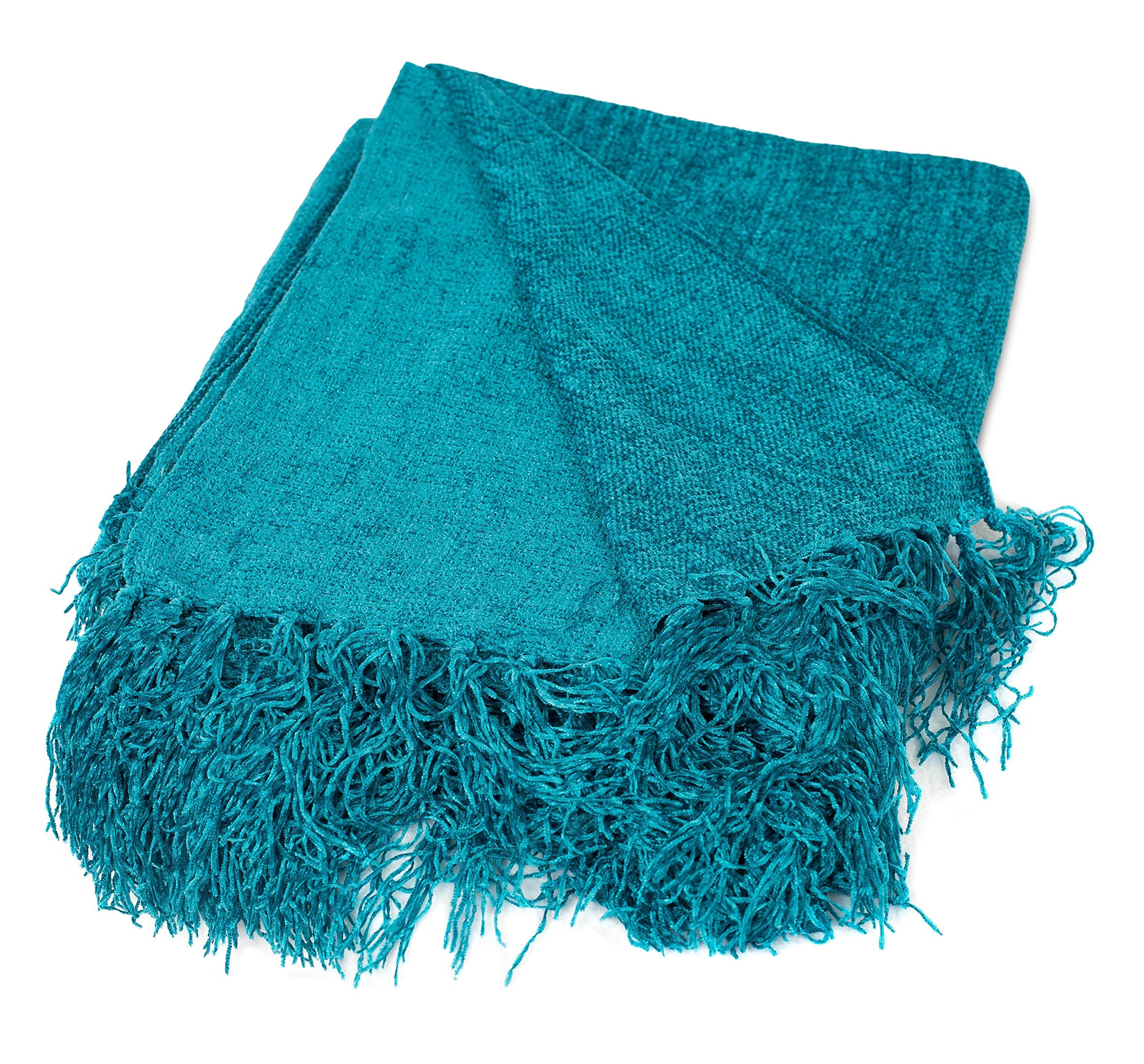 Birdrock Home Internet'S Best Chenille Throw Blankets - Teal - Ultra Soft Couch Blanket With Fringe - Light Weight Sofa Throw -