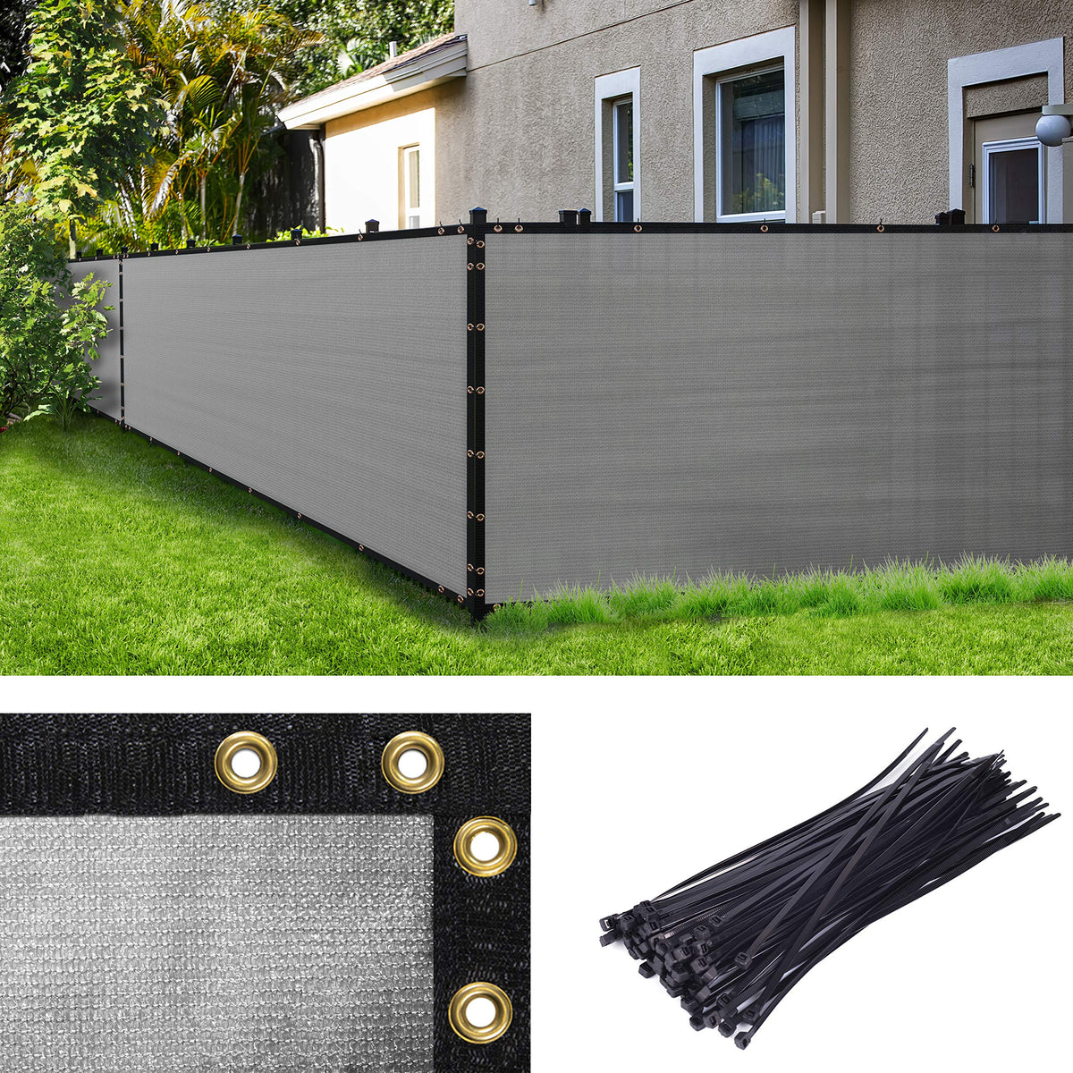 Amgo Custom Made 5 ' X 199 ' Grey Fence Privacy Screen Windscreen With Bindings & Grommets, Heavy Duty For Commercial And Reside