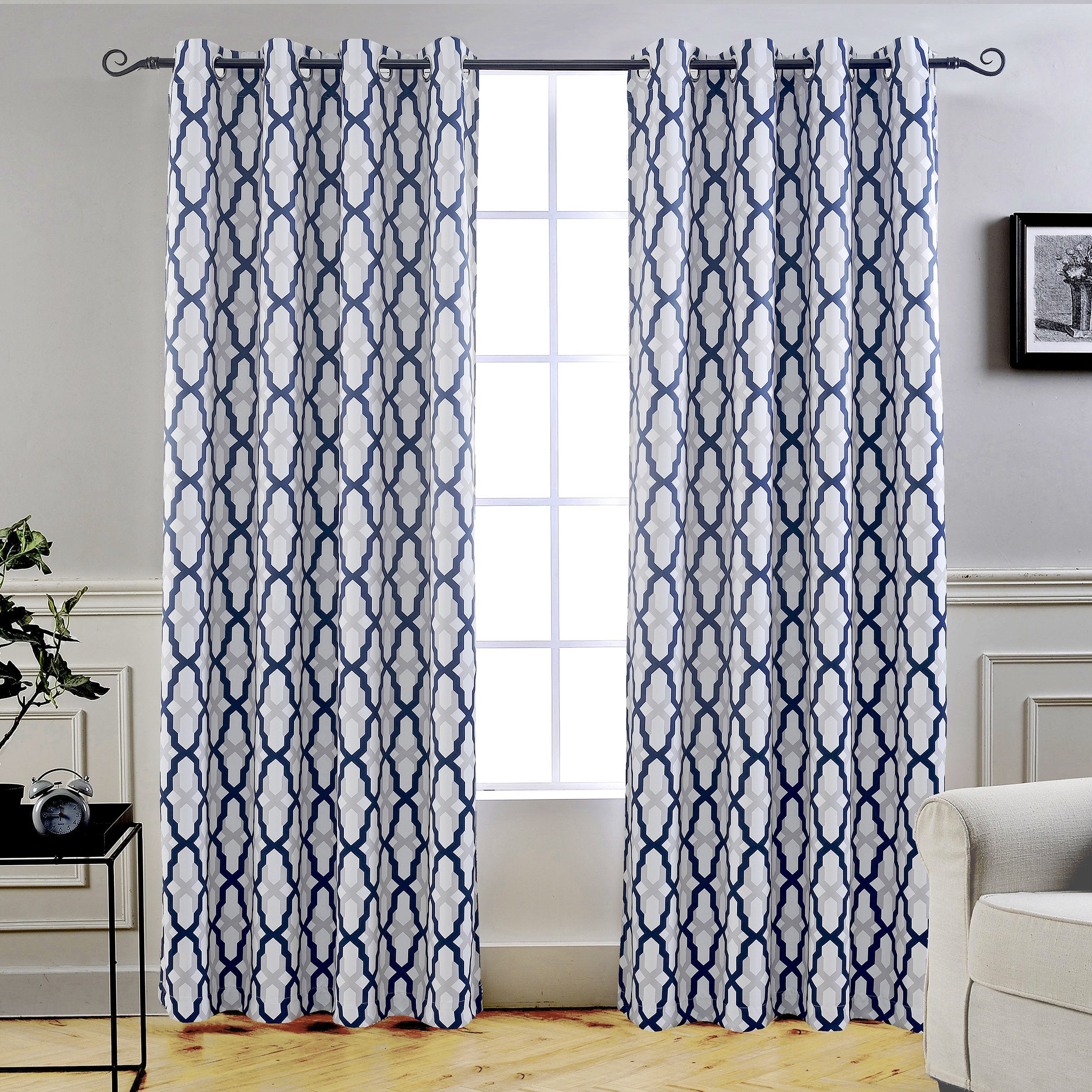 Driftaway Mason Thermal Blackout Grommet Window Curtains Geometric Trellis Pattern 2 Panels Each 52 Inch By 84 Inch Navy