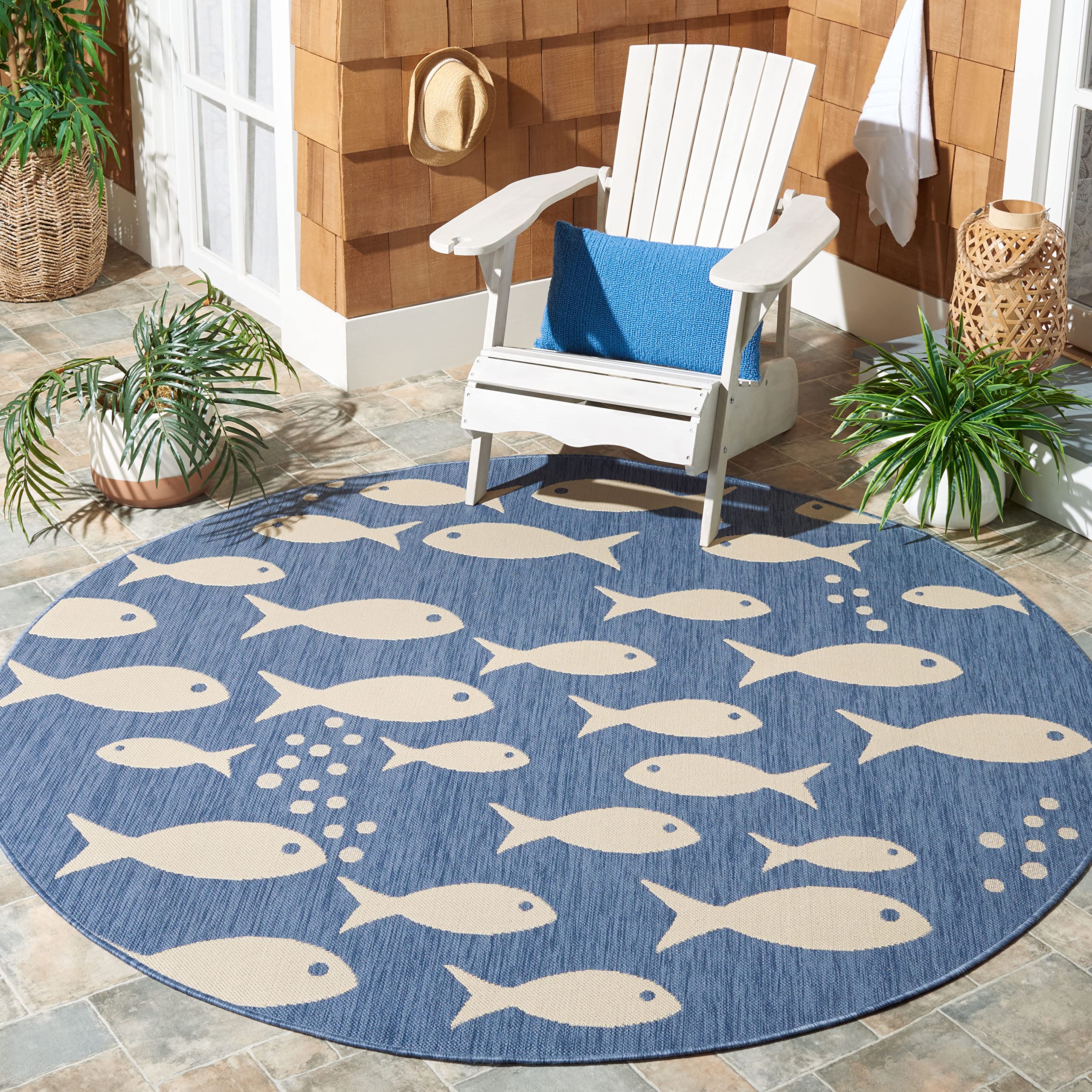 Safavieh Courtyard Collection Area Rug - 4' Round, Blue & Beige, Non-Shedding & Easy Care, Indoor/Outdoor & Washable-Ideal For P