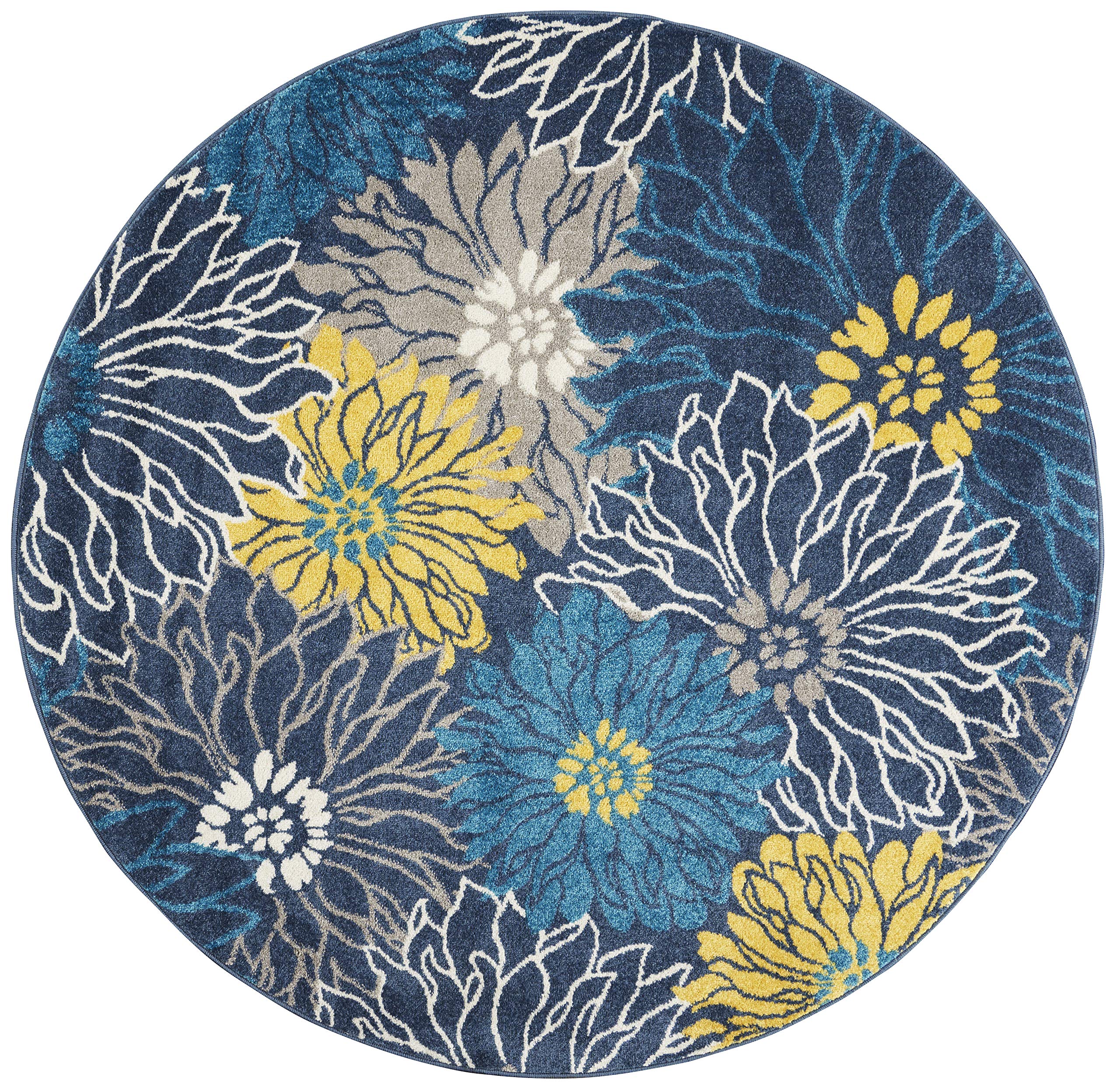 Nourison Passion Blue 5'3' X Round Area Rug, Floral, Farmhouse, Easy Cleaning, Non Shedding, Bed Room, Living Room, Dining Room, Kitchen, (5' Round)