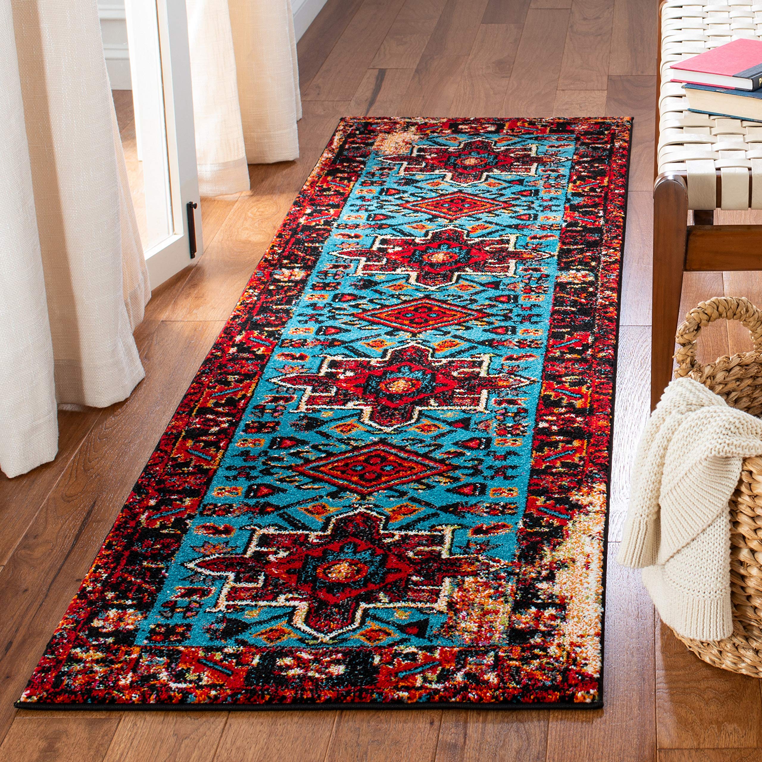 SAFAVIEH Vintage Hamadan Collection Runner Rug - 23 x 8, Red & Light Blue, Oriental Persian Design, Non-Shedding & Easy Care, 