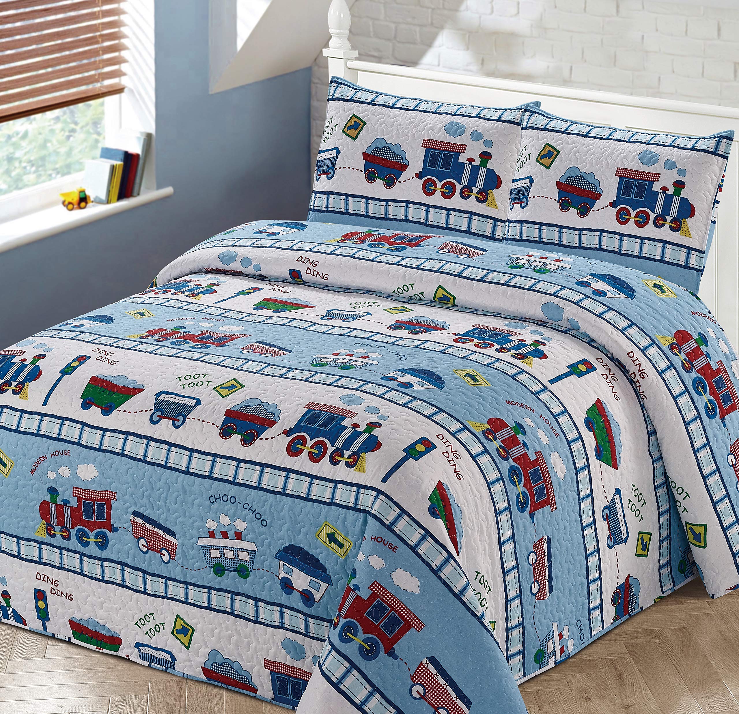 Better Home Style Red White And Blue Choo Choo Train Railroad Tracks Kids/Boys/Toddler Coverlet Bedspread Quilt Set With Pillowc