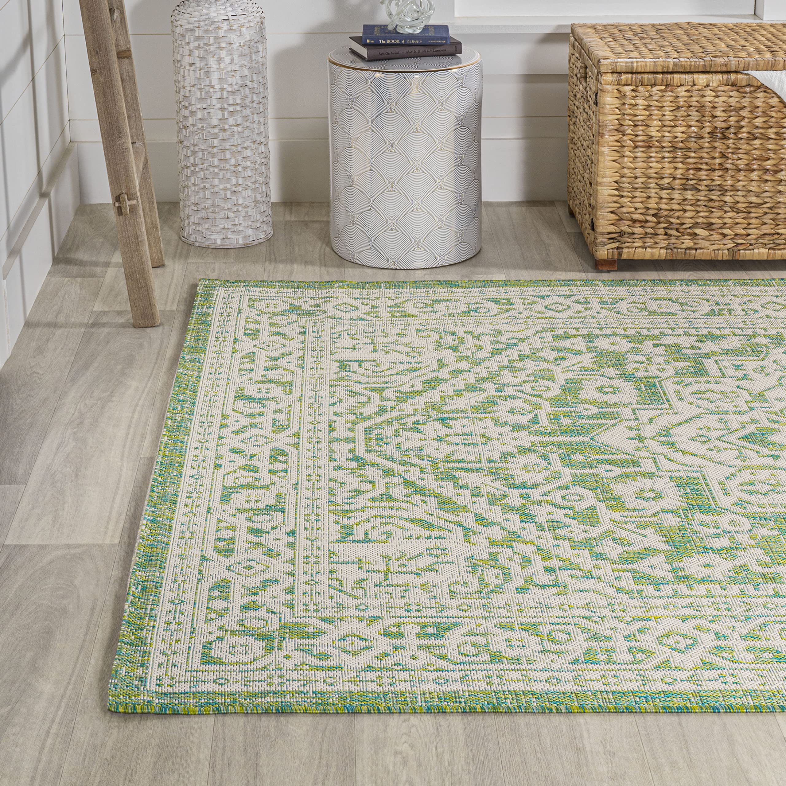 Jonathan Y Smb101H-9 Sinjuri Medallion Textured Weave Indoor Outdoor Area-Rug, Coastal, Traditional, Transitional Easy-Cleaning,Bedroom,Kitchen,Backyard,Patio,Non Shedding, Cream/Green, 9 X 12