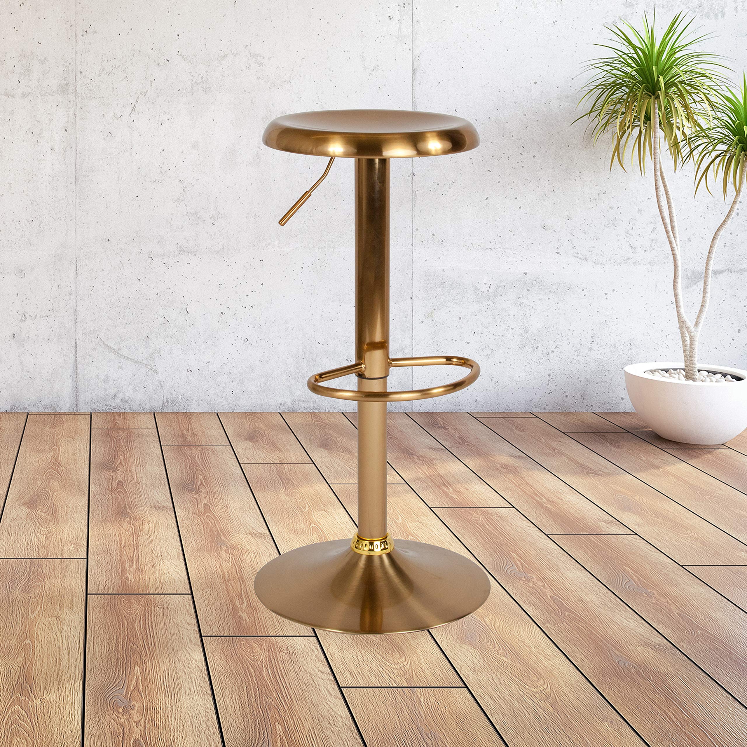 Flash Furniture Madrid Series Adjustable Height Retro Metal Barstool With Footrest, Backless Adjustable Bar Or Counter Height Swivel Stool, Gold