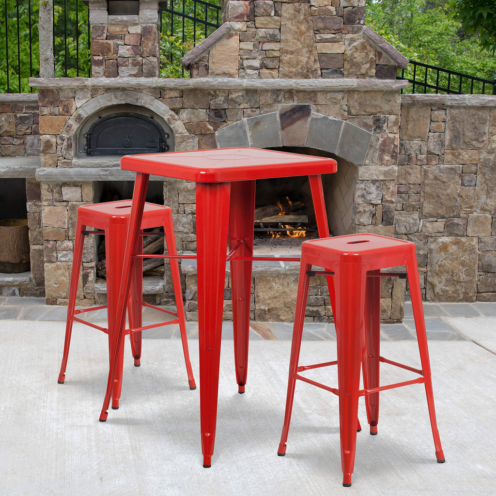 Flash Furniture Stone Commercial Grade 23.75" Square Red Metal Indoor-Outdoor Bar Table Set with 2 Square Seat Backless Stools