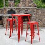 Flash Furniture Stone Commercial Grade 23.75" Square Red Metal Indoor-Outdoor Bar Table Set with 2 Square Seat Backless Stools