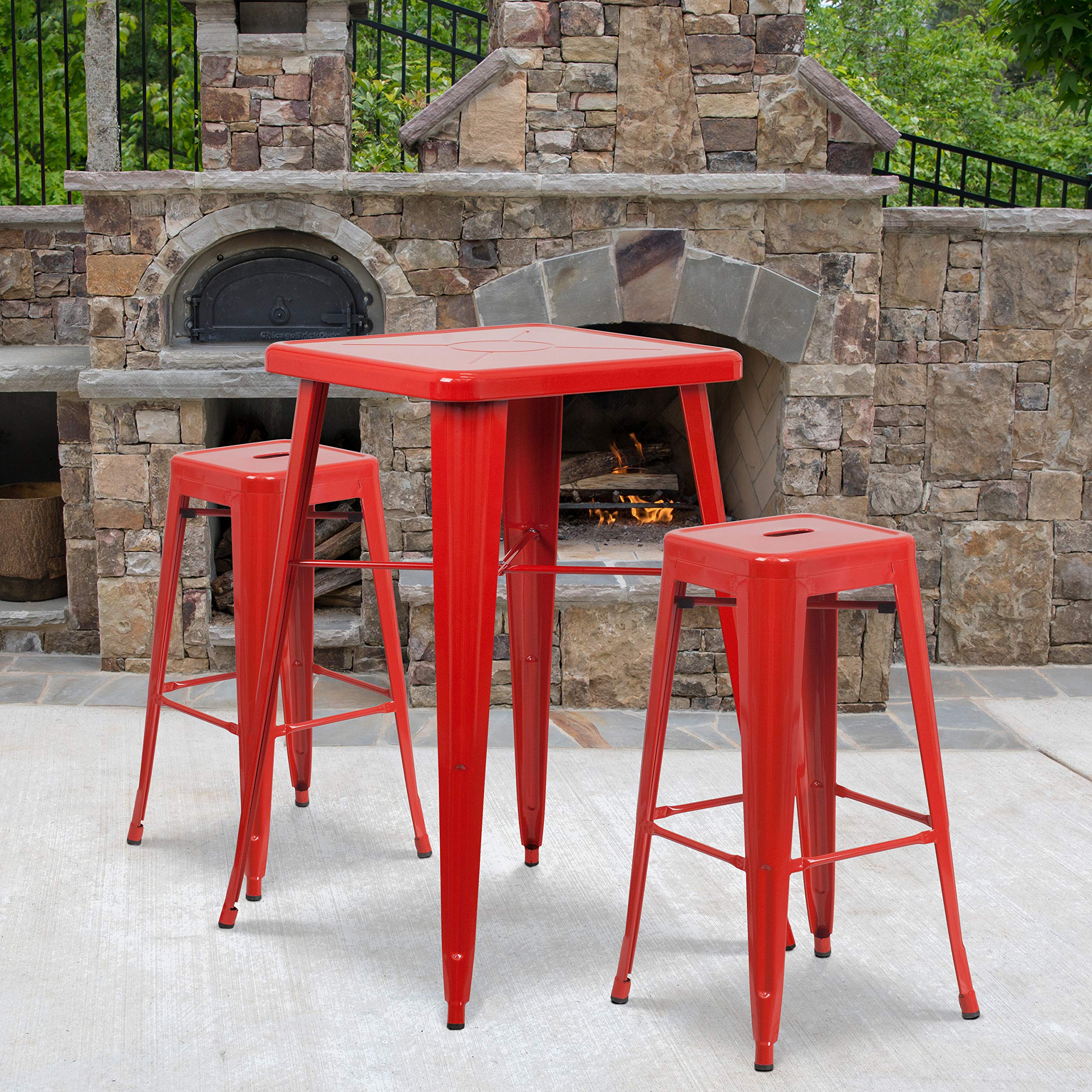 Flash Furniture Stone Commercial Grade 23.75" Square Red Metal Indoor-Outdoor Bar Table Set with 2 Square Seat Backless Stools