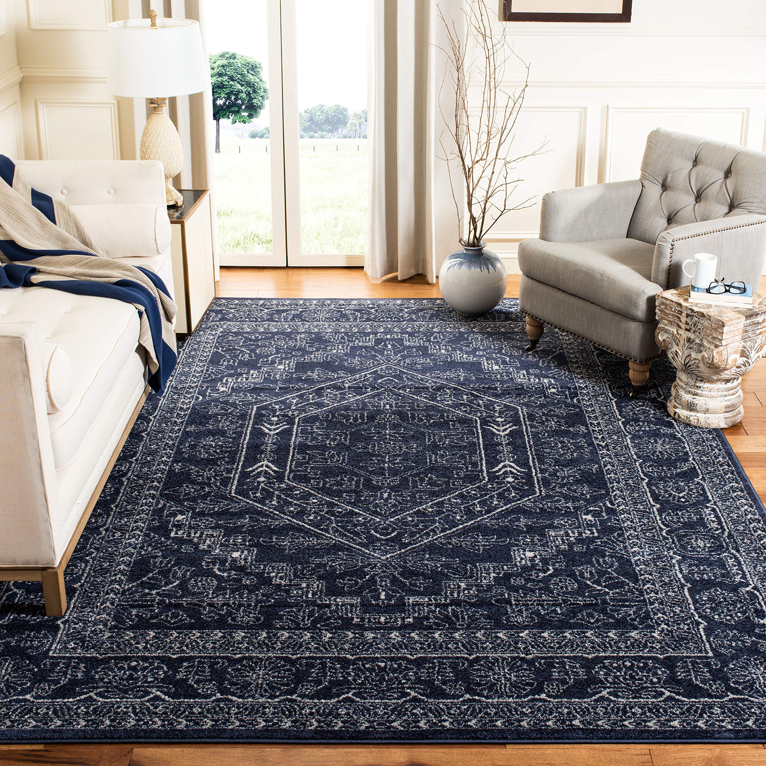 SAFAVIEH Adirondack Collection X-Large Area Rug - 11 x 15, Navy & Ivory, Oriental Medallion Design, Non-Shedding & Easy Care, 
