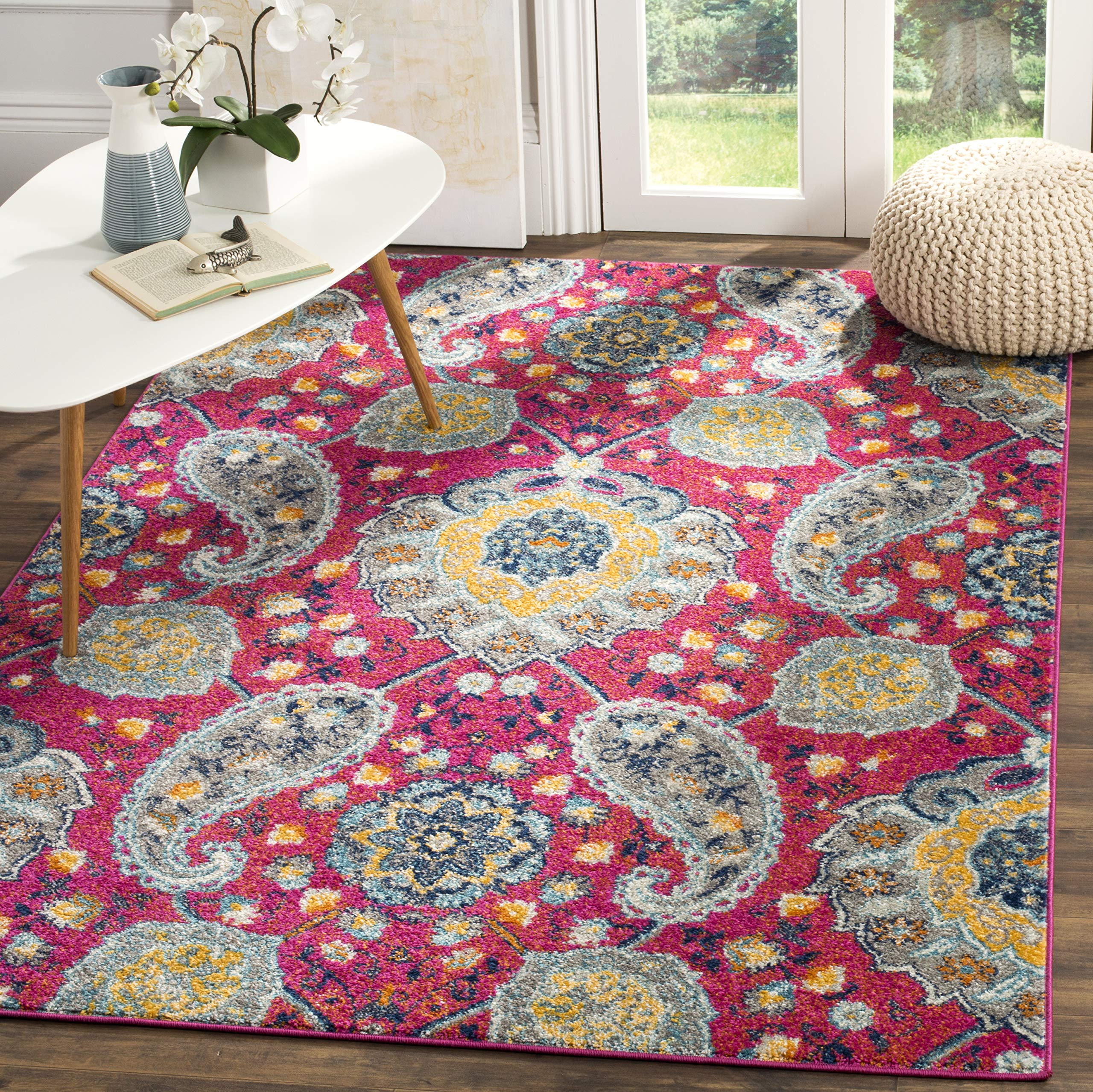 SAFAVIEH Madison Collection 4 Square Fuchsia / Gold MAD600A Boho Chic Glam Paisley Non-Shedding Living Room Bedroom Accent Rug