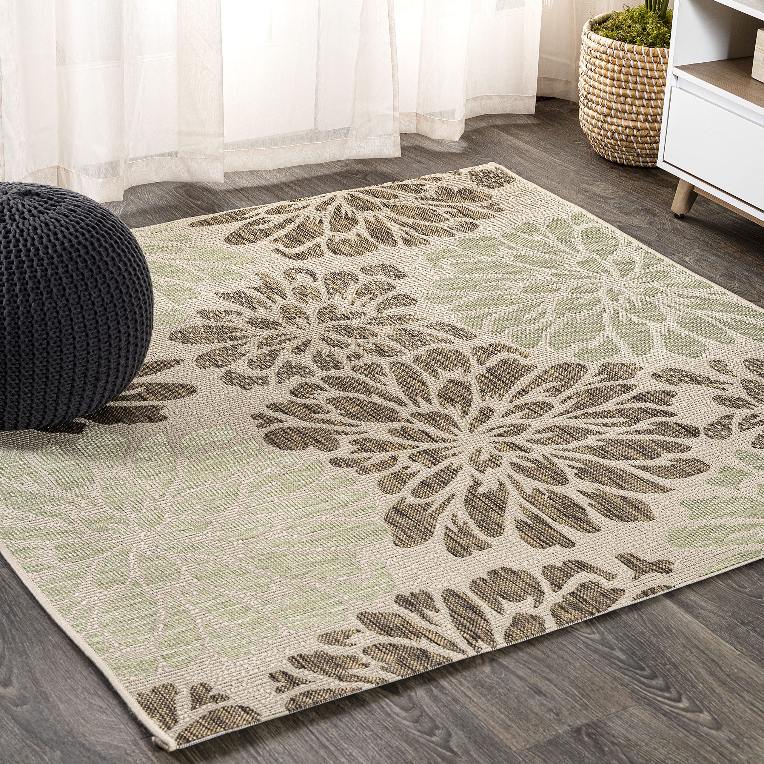 Jonathan Y Smb110A-5Sq Zinnia Modern Floral Textured Weave Indoor Outdoor Area Rug Bohemian Coastal Easy Cleaning Bedroom Kitchen Backyard Patio Non Shedding, 5' Square, Sage/Brown