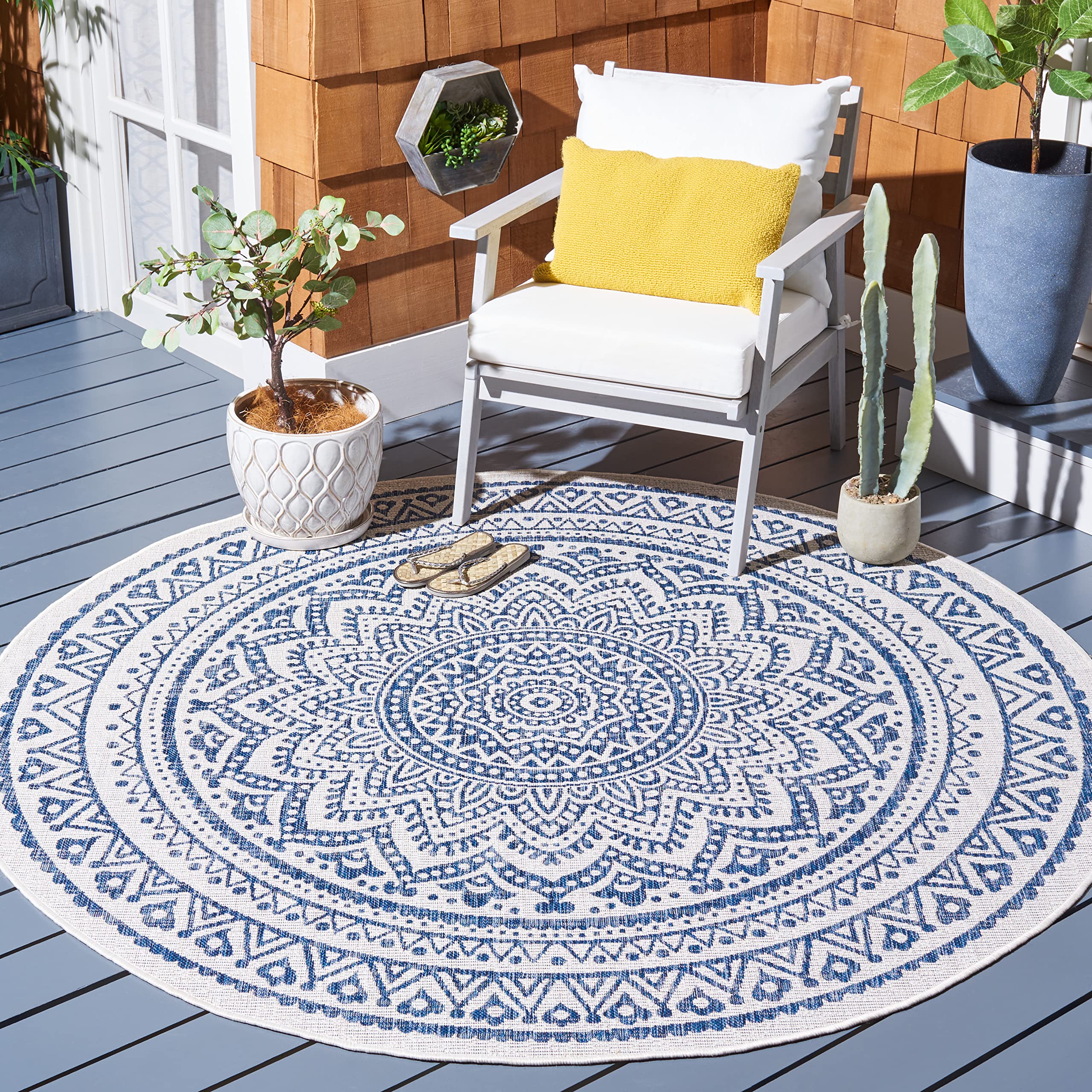 Safavieh Courtyard Collection 7'10' Round Ivory/Navy Cy8734 Boho Mandala Indoor/ Outdoor Easy Cleaning Patio Backyard Mudroom A