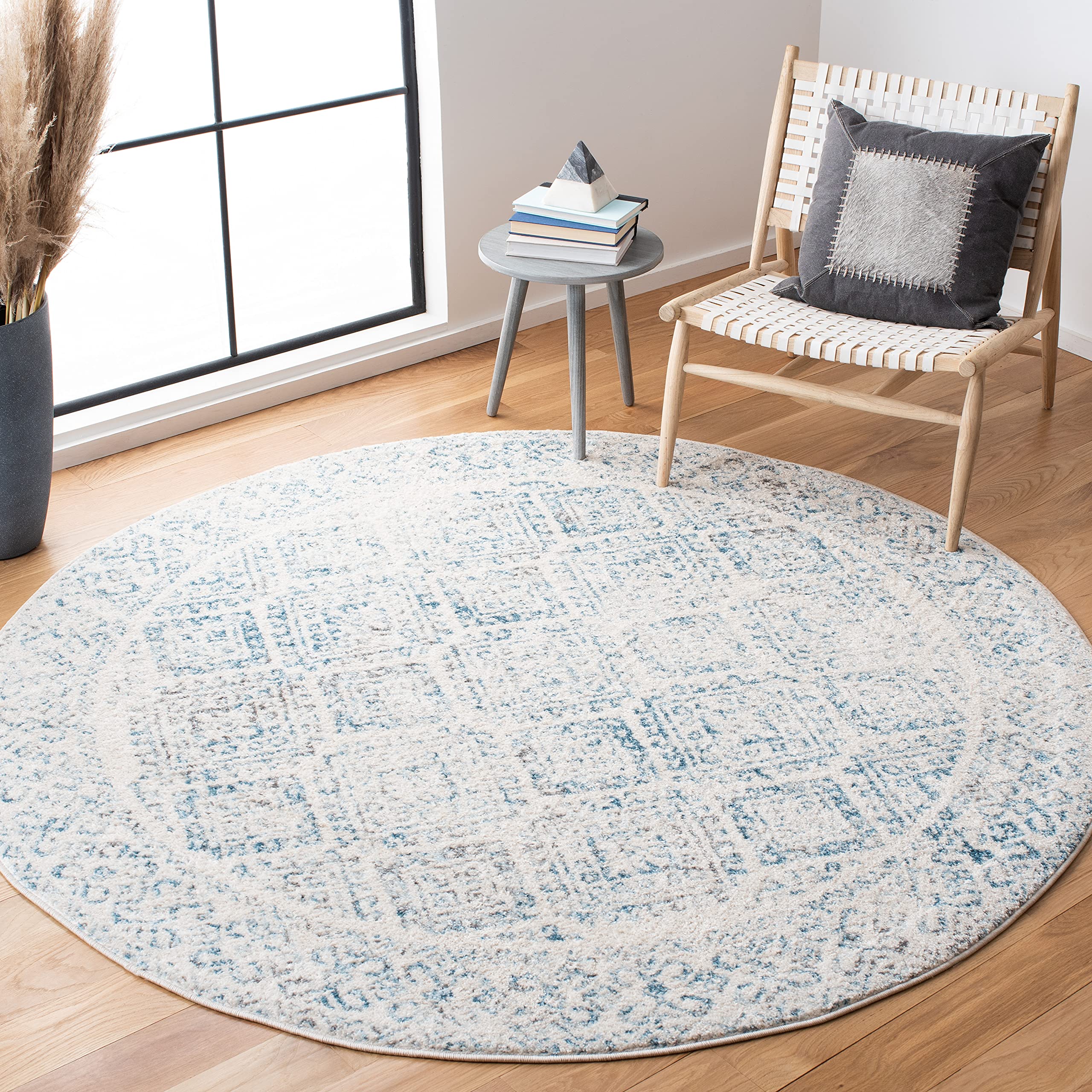 SAFAVIEH Tulum Collection 5 Round Ivory / Turquoise TUL264B Moroccan Boho Distressed Non-Shedding Dining Room Entryway Foyer Li
