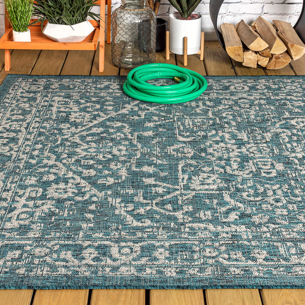 Jonathan Y Smb104B-9 Malta Bohemian Medallion Textured Weave Indoor Outdoor -Area Rug, Coastal, Traditional, Transitional Easy-Cleaning,Bedroom,Kitchen,Backyard,Patio,Non Shedding, Teal/Gray, 9 X 12