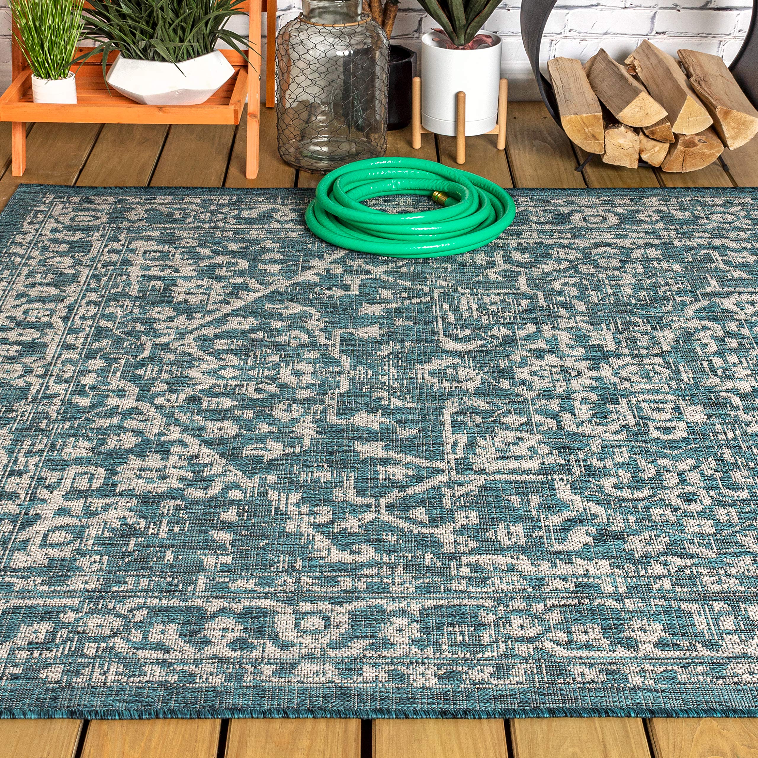 Jonathan Y Smb104B-9 Malta Bohemian Medallion Textured Weave Indoor Outdoor -Area Rug, Coastal, Traditional, Transitional Easy-Cleaning,Bedroom,Kitchen,Backyard,Patio,Non Shedding, Teal/Gray, 9 X 12