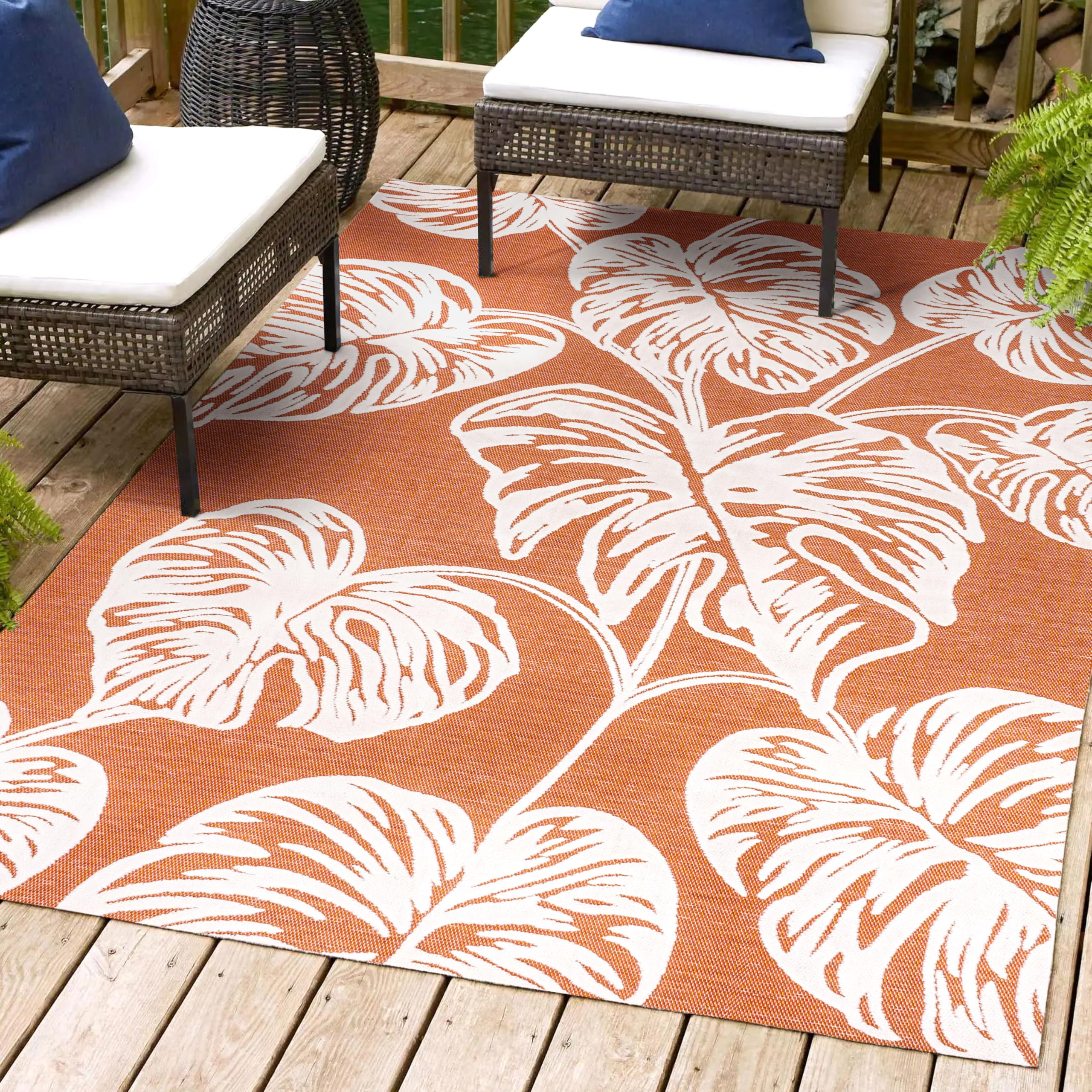 JONATHAN Y HWC100A-8 Tobago High-Low Two-Tone Monstera Leaf Indoor/Outdoor Area Rug, Floral, Coastal, Country, Backyard, Patio, 