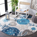 Safavieh Cabana Collection 4' Round Grey/Navy Cbn832F Floral Indoor/ Outdoor Non-Shedding Easy Cleaning Patio Backyard Deck Porch Mudroom Area Rug