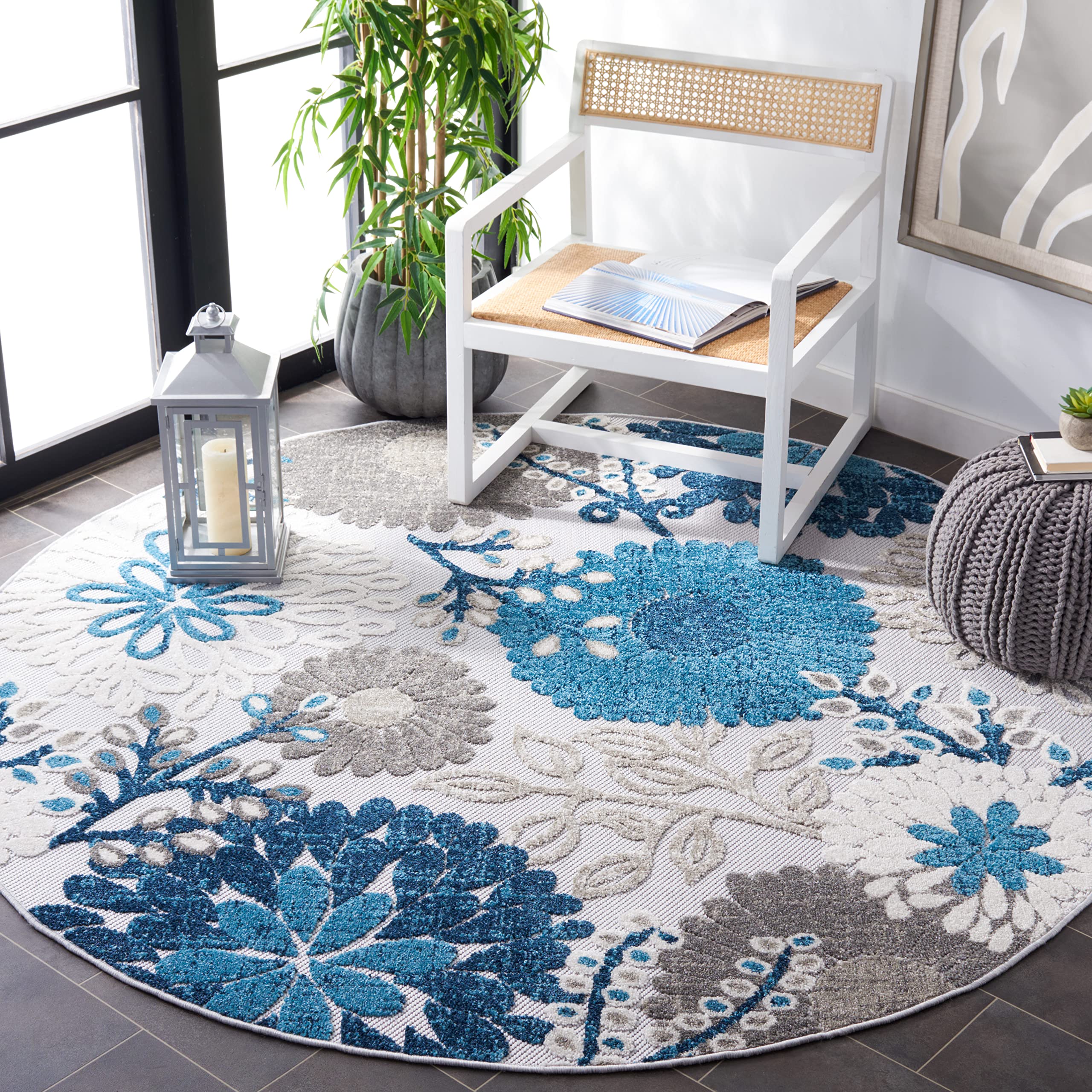 Safavieh Cabana Collection 6'7' Round Grey / Navy Cbn832F Floral Indoor/ Outdoor Non-Shedding Easy Cleaning Patio Backyard Porch Deck Mudroom Area Rug