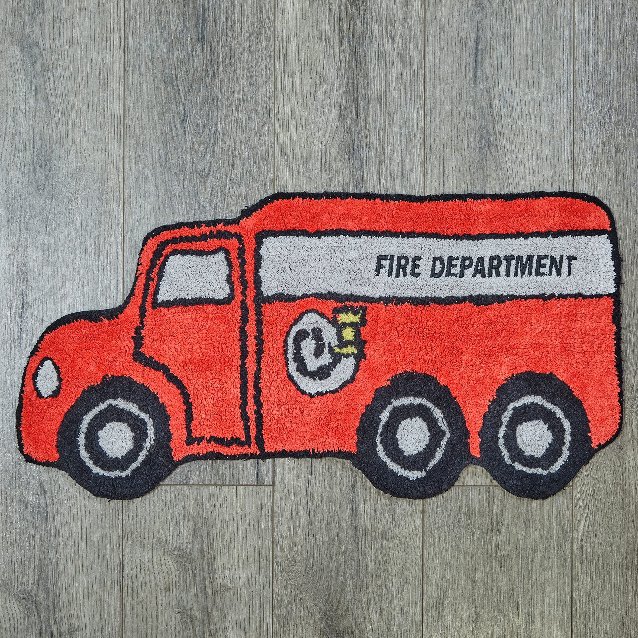 Hand Tufted Firetruck Bedroom Or Bathroom Rug - 15X30 In; 100% Cotton Kids Bathroom Mat; Decorative Kids Area Rug