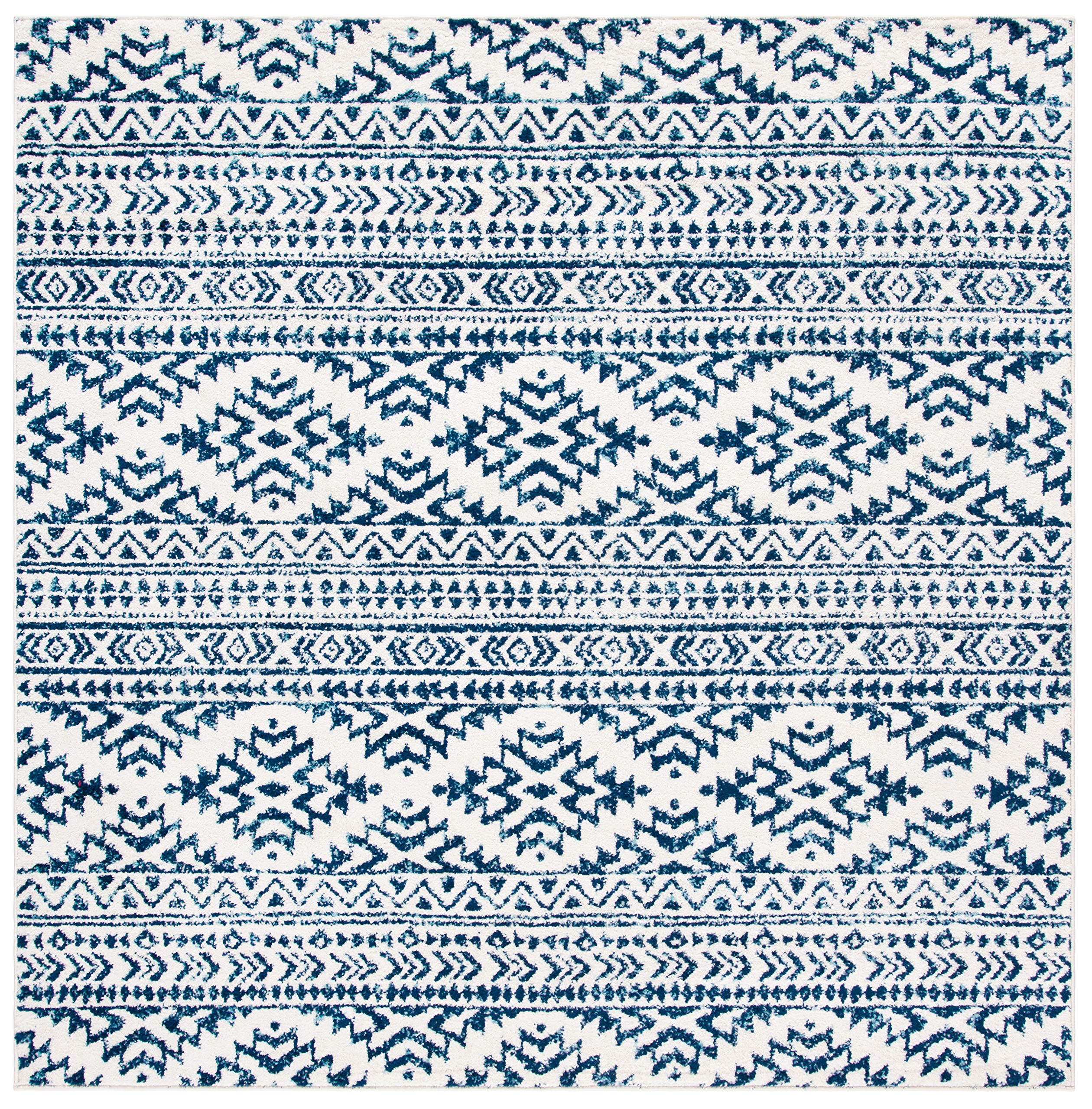 SAFAVIEH Tulum Collection 67 Square Ivory / Navy TUL272D Moroccan Boho Tribal Non-Shedding Living Room Bedroom Dining Home Offi