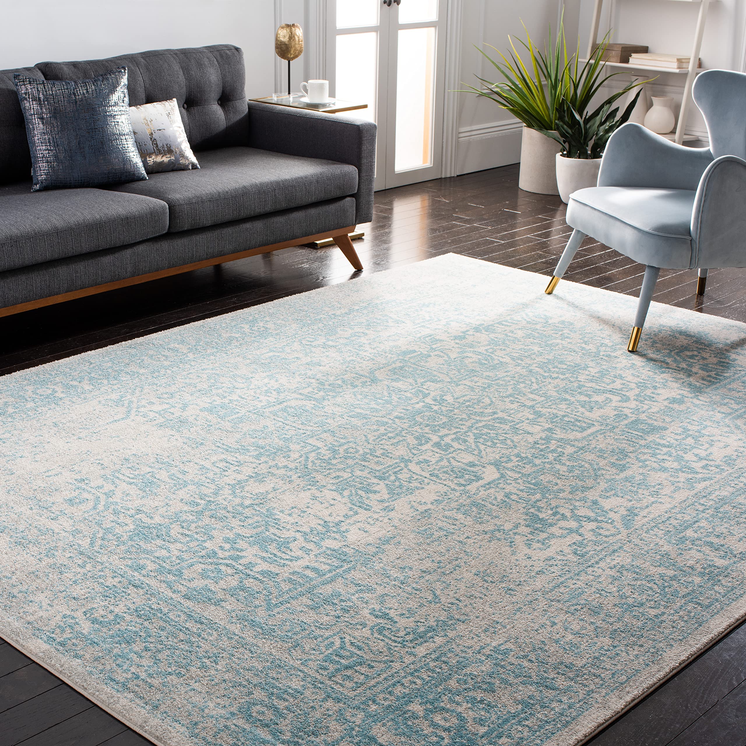 SAFAVIEH Evoke Collection Area Rug - 11 x 15, Ivory & Aqua, Distressed Design, Non-Shedding & Easy Care, Ideal for High Traffi