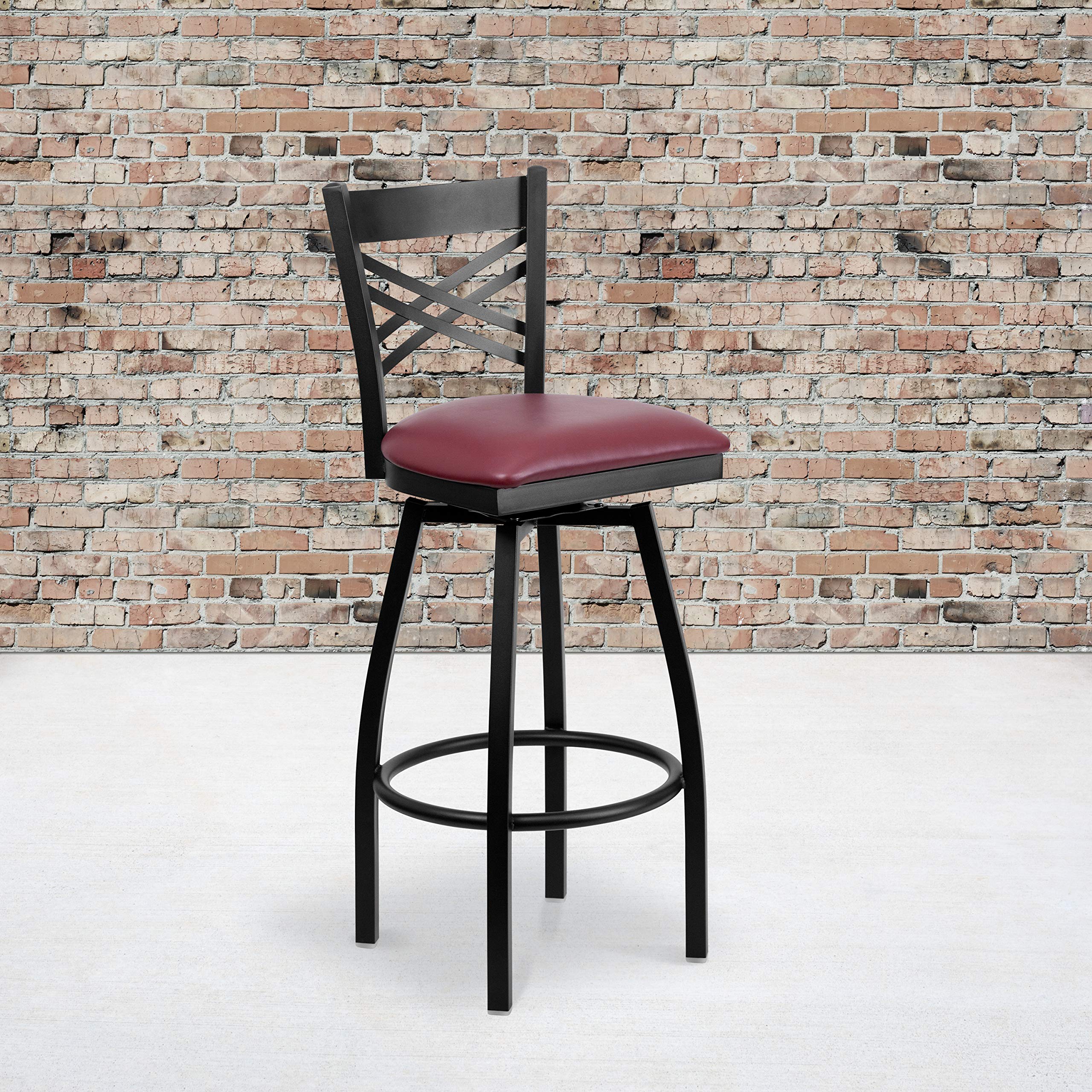 Flash Furniture Hercules Series Black ''X'' Back Swivel Metal Barstool - Burgundy Vinyl Seat