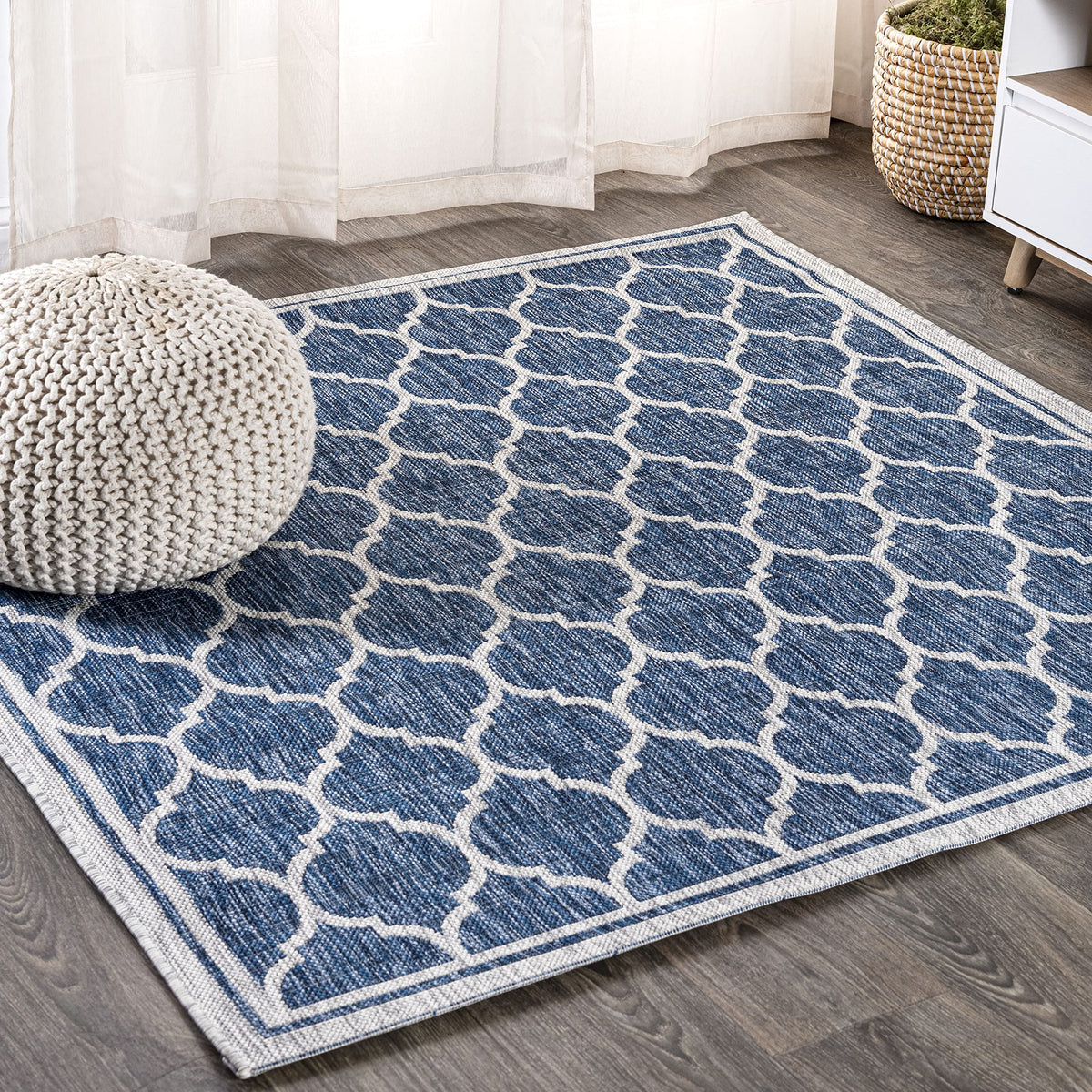 Jonathan Y Smb109D-4Sq Trebol Moroccan Trellis Textured Weave Navy/Gray 4' Square Indoor/Outdoor Area Rug, Pet Friendly, Non-She