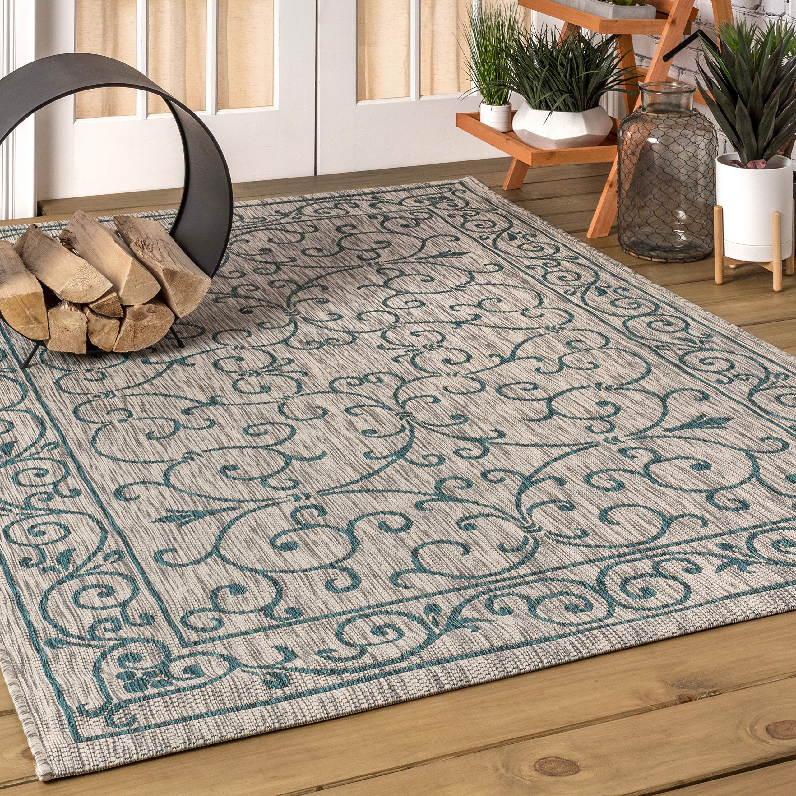 Jonathan Y Smb106E-14 Charleston Vintage Filigree Textured Weave Gray/Teal 10 Ft. X 14 Ft. Indoor/Outdoor Area Rug, Pet Friendly