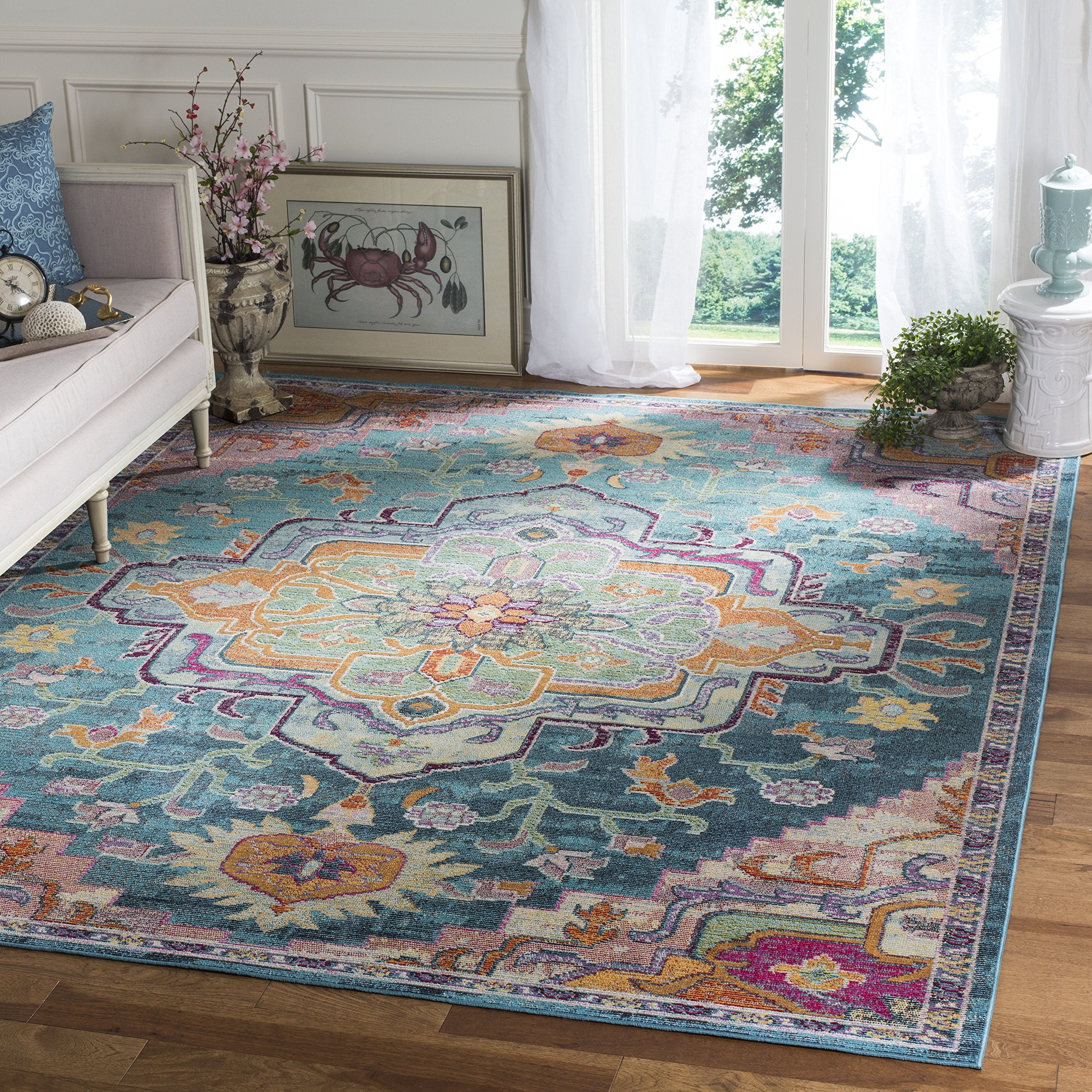 SAFAVIEH Crystal Collection Area Rug - 7 Square, Teal & Rose, Medallion Distressed Design, Non-Shedding & Easy Care, Ideal for 