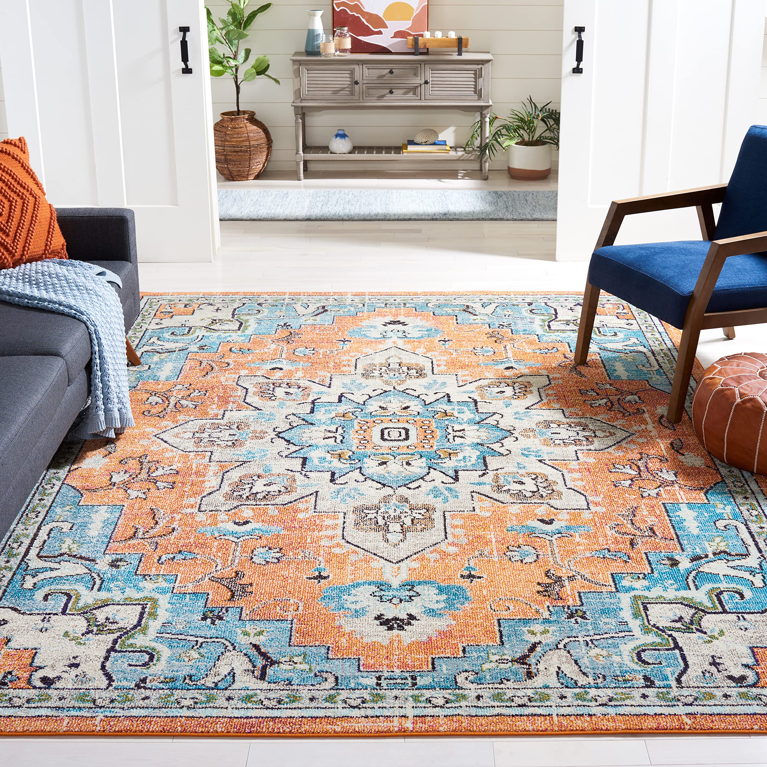 Safavieh Madison Collection 8 Square OrangeTeal MAD473P Boho Chic Medallion Distressed Non-Shedding Living Room Dining Bedroom 
