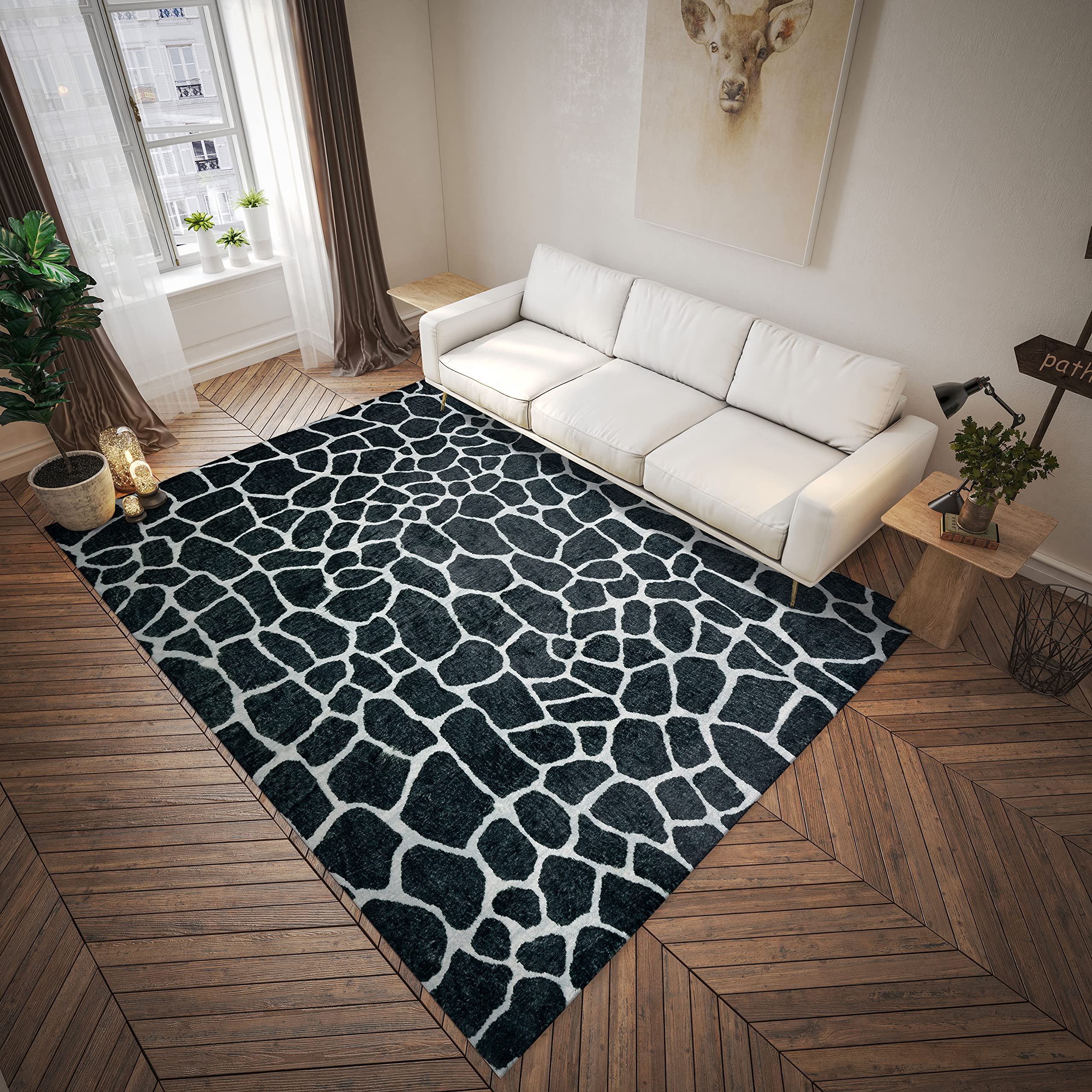Dalyn Rugs Akina Giraffe Animal Print Ak4 Faux Fur Midnight 2'3" X 7'6"