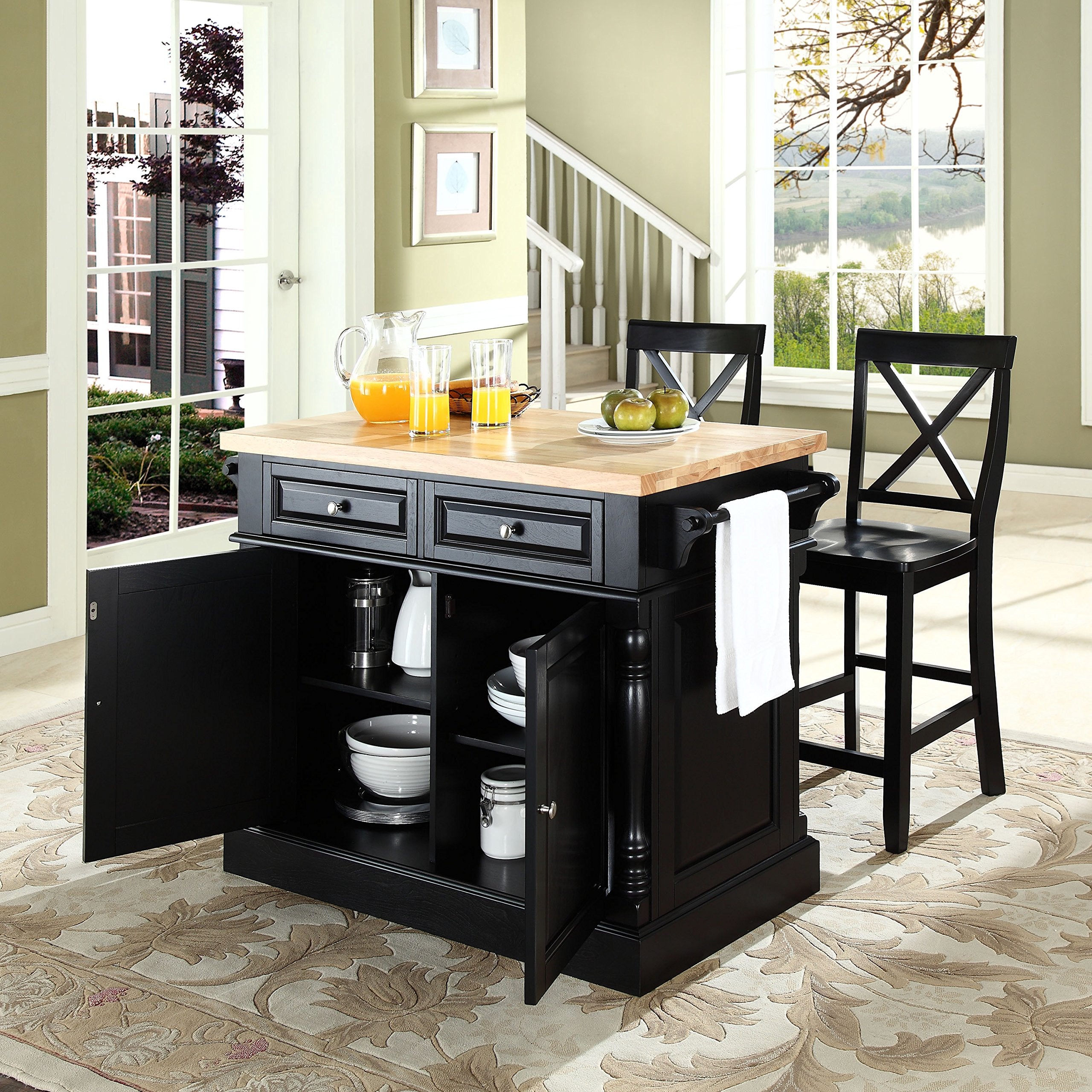 Crosley Furniture Oxford Butcher Block Kitchen Island, Coffee Bar, with a Set of 2 X-Back Stools, Black