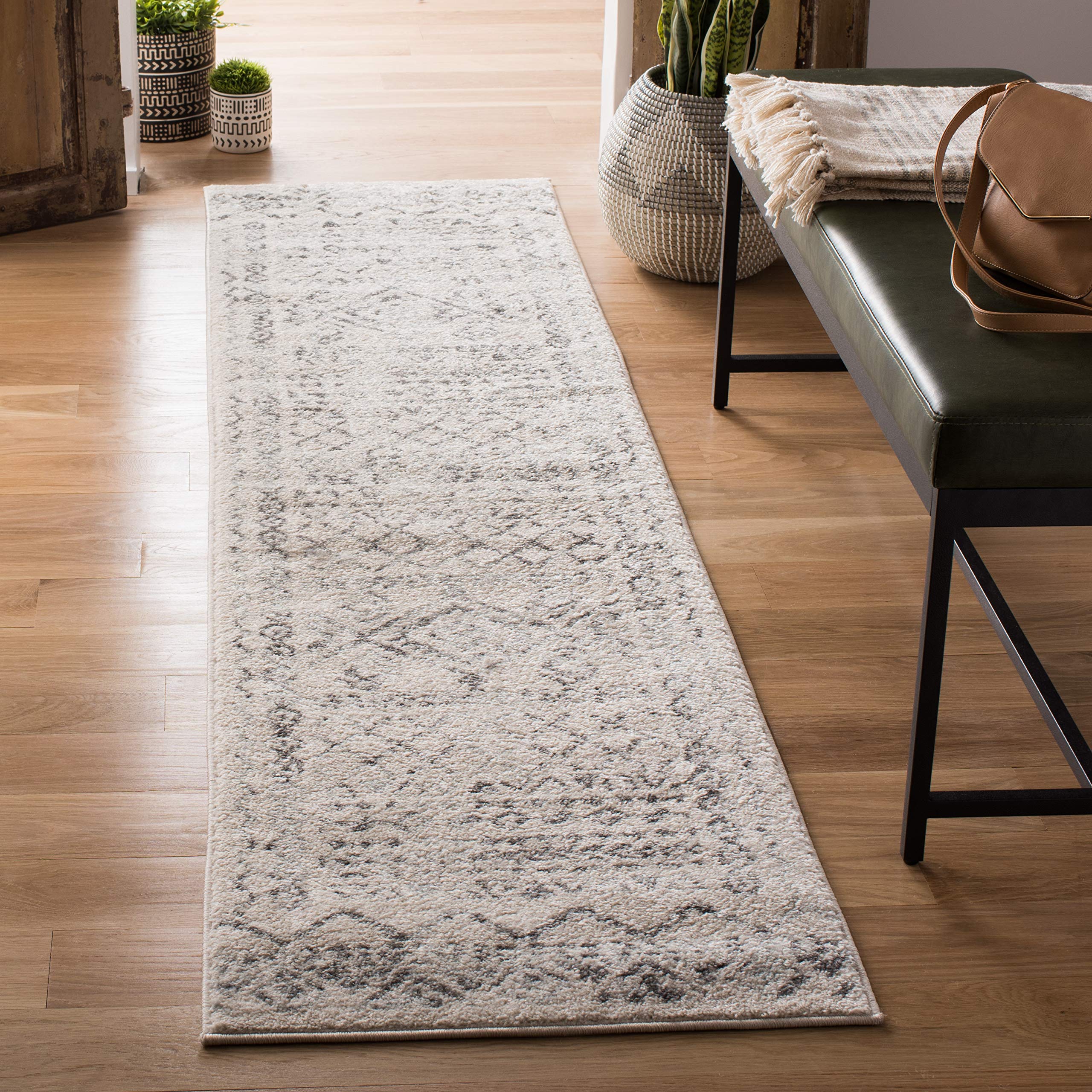 SAFAVIEH Tulum Collection Runner Rug - 2 x 12, Ivory & Grey, Moroccan Boho Distressed Design, Non-Shedding & Easy Care, Ideal 