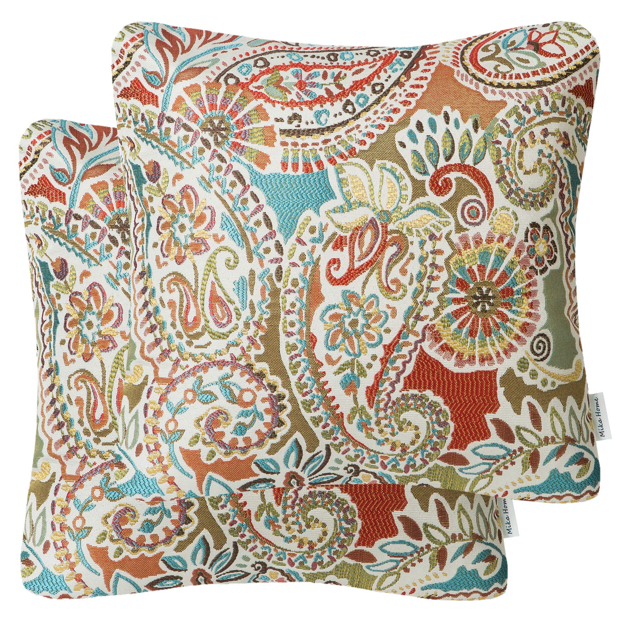 Mika Home Pack Of 2 Decorative Pillow Covers Throw Pillow Cases,Paisley Pattern,18X18 Inches,Red Teal Cream Multicolor