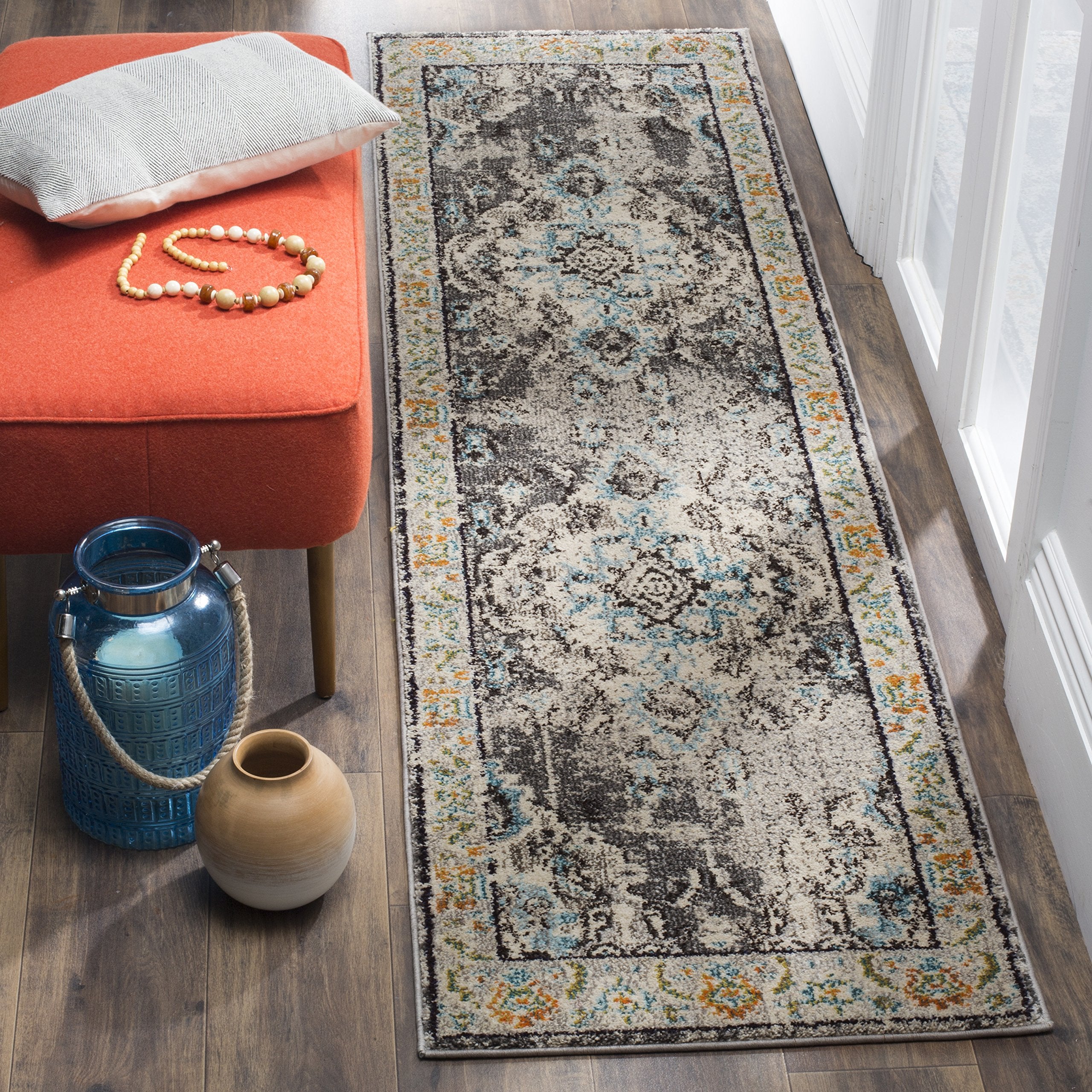 SAFAVIEH Monaco Collection Runner Rug - 22 x 8, Grey & Light Blue, Boho Chic Medallion Distressed Design, Non-Shedding & Easy 