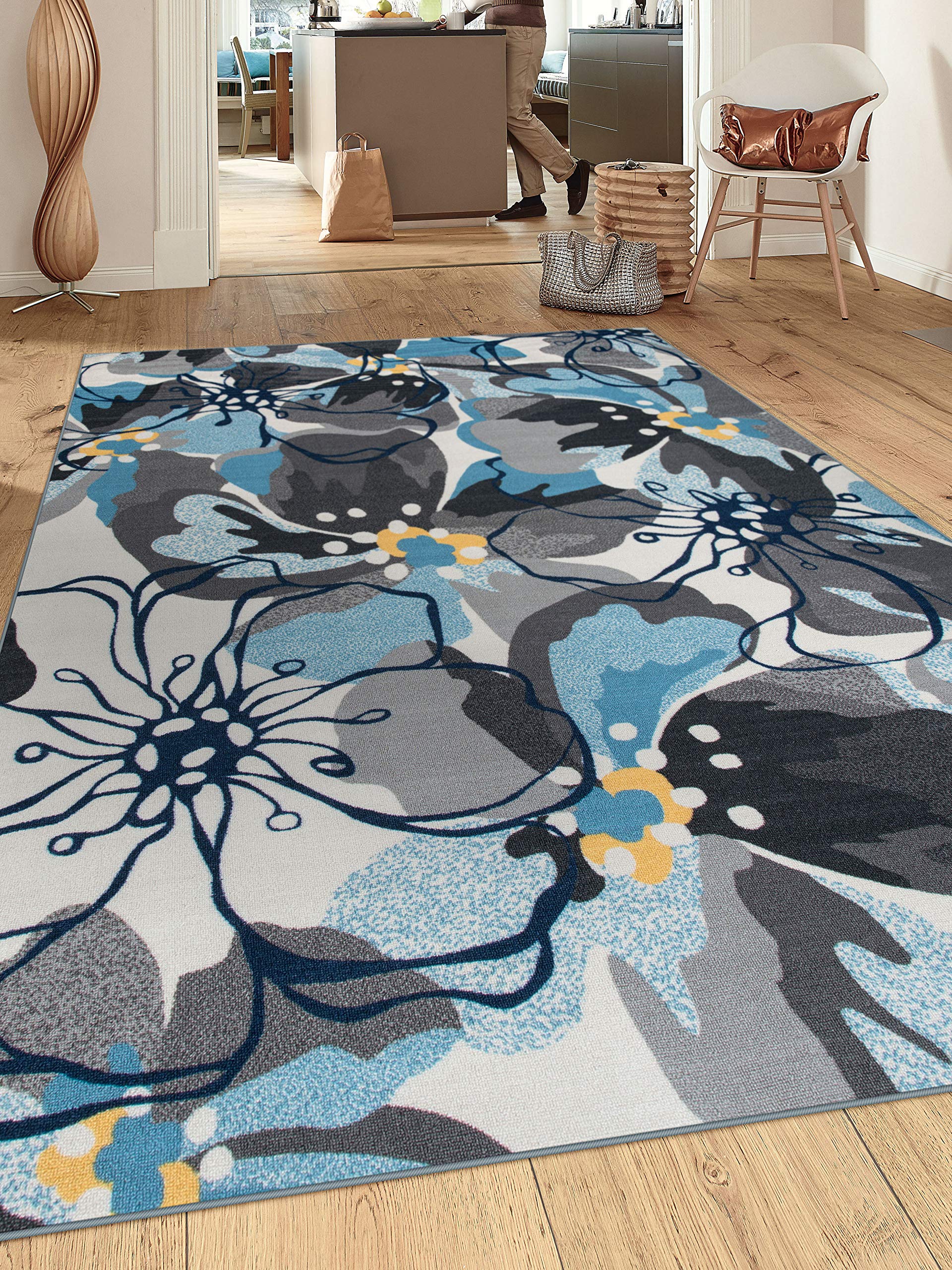 Rugshop Contemporary Gray-Blue Large Floral Non-Slip Area Rug 5 x 7 - Stylish Accent