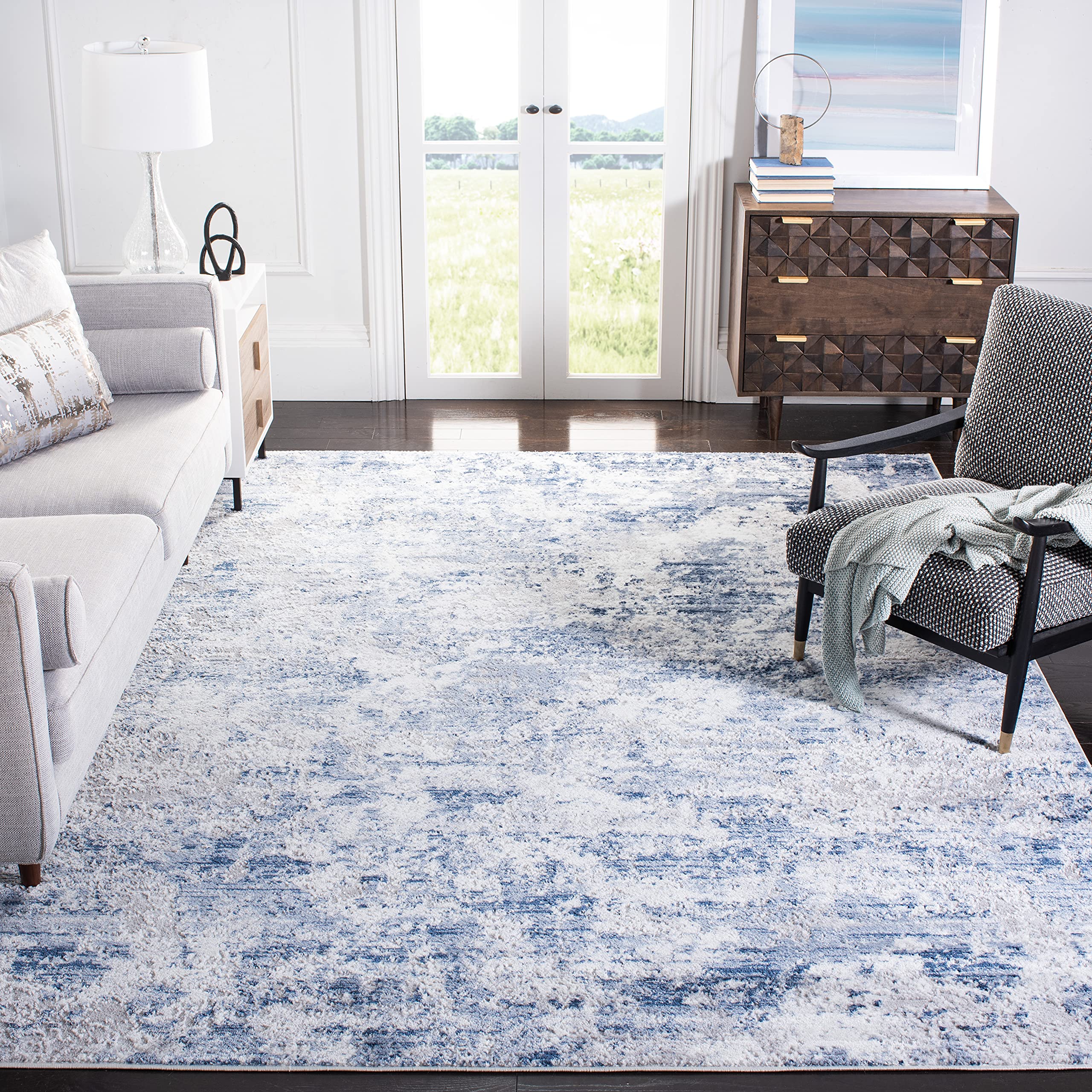 SAFAVIEH Amelia Collection Area Rug - 8' Square, Navy & Grey, Modern Abstract Design, Ideal for High Traffic Areas in Living Roo