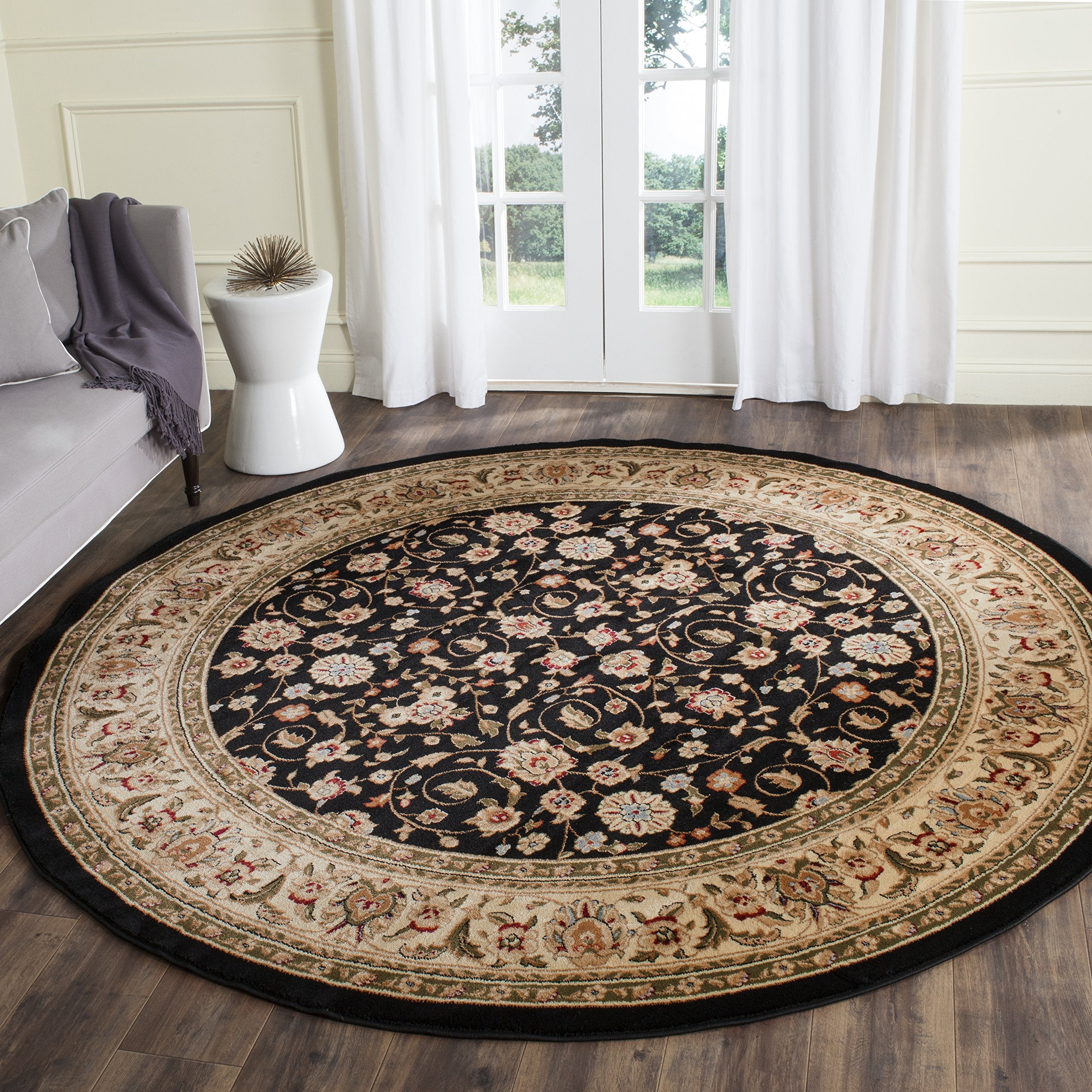 SAFAVIEH Lyndhurst Collection Area Rug - 53 Round, Black & Ivory, Traditional Oriental Design, Non-Shedding & Easy Care, Ideal 