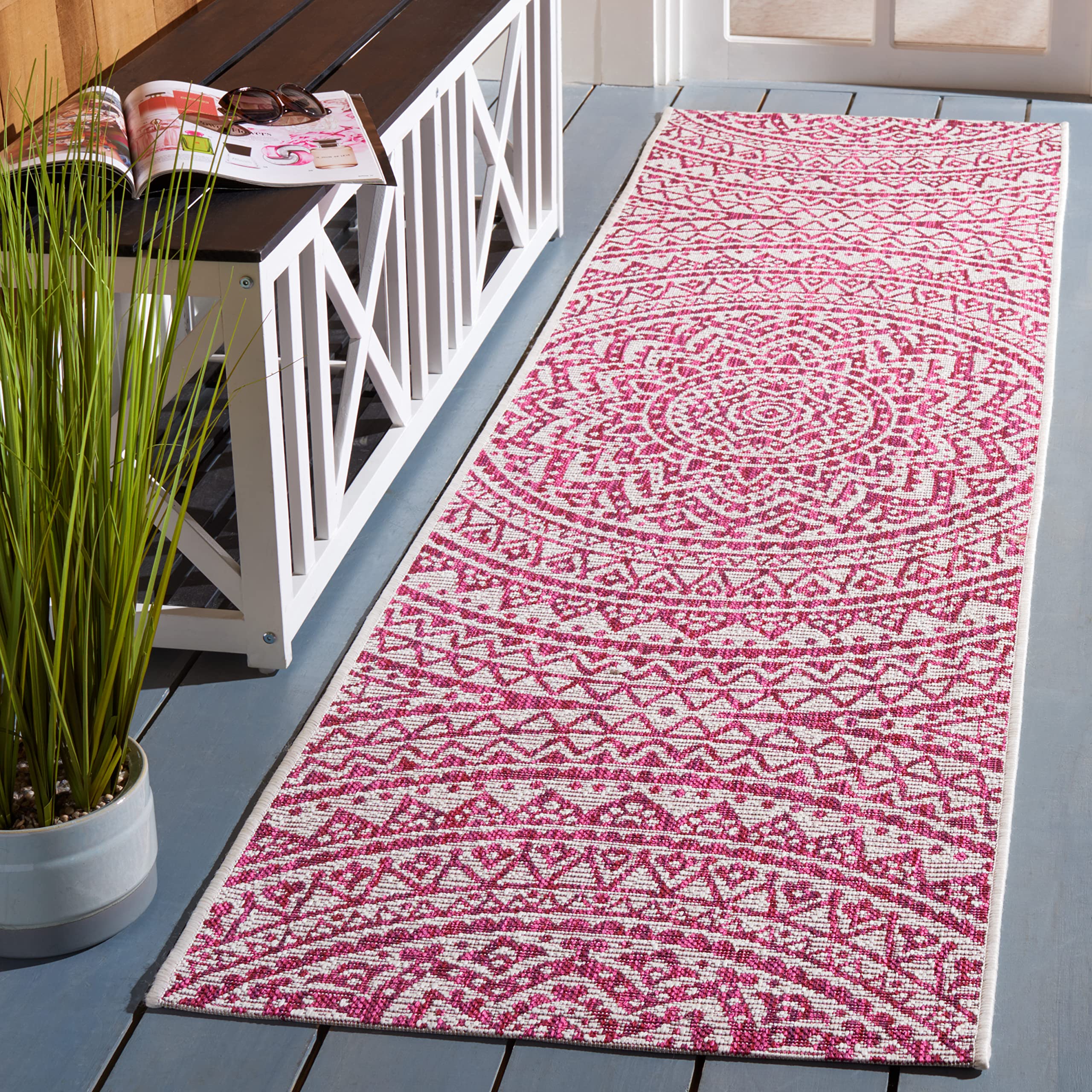 Safavieh Courtyard Collection 2'3' X 8' Ivory/Fuchsia Cy8734 Indoor/ Outdoor Waterproof Easy Cleaning Patio Backyard Mudroom Ru