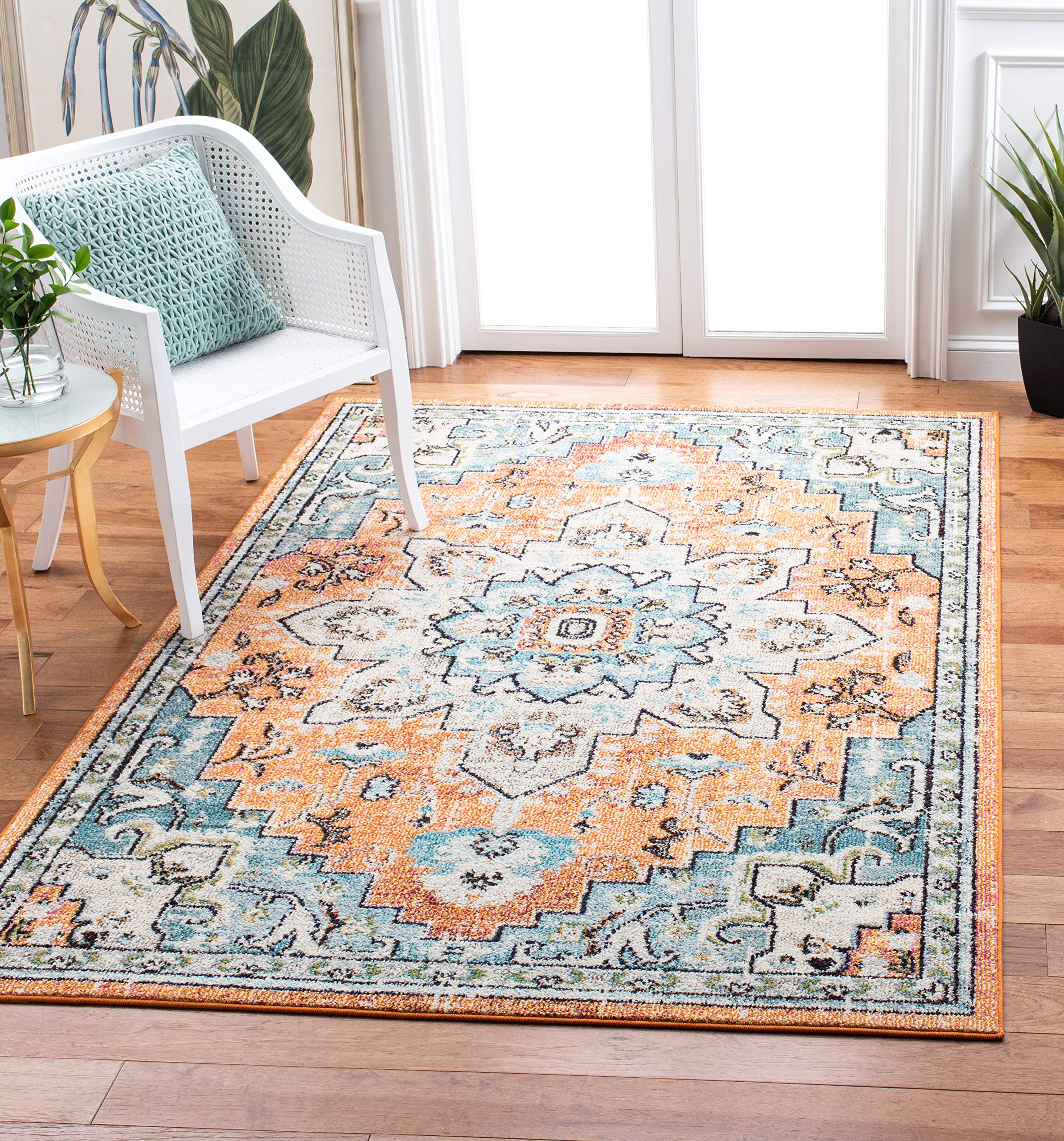 SAFAVIEH Madison Collection Accent Rug - 4 x 6, Orange & Teal, Medallion Distressed Design, Non-Shedding & Easy Care, Ideal fo