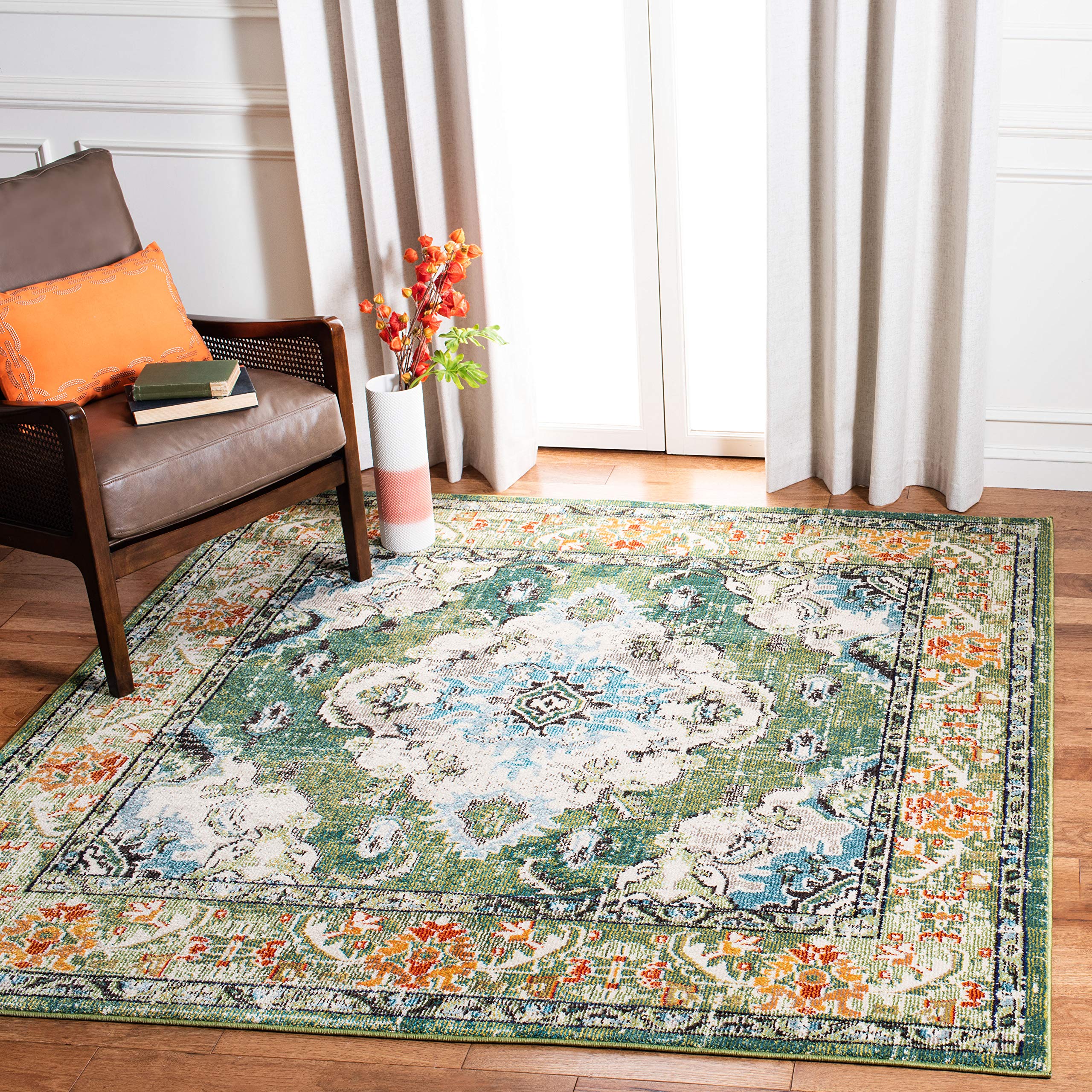 SAFAVIEH Monaco Collection 4 Square Forest Green/Light Blue MNC243F Boho Chic Medallion Distressed Non-Shedding Living Room Bed