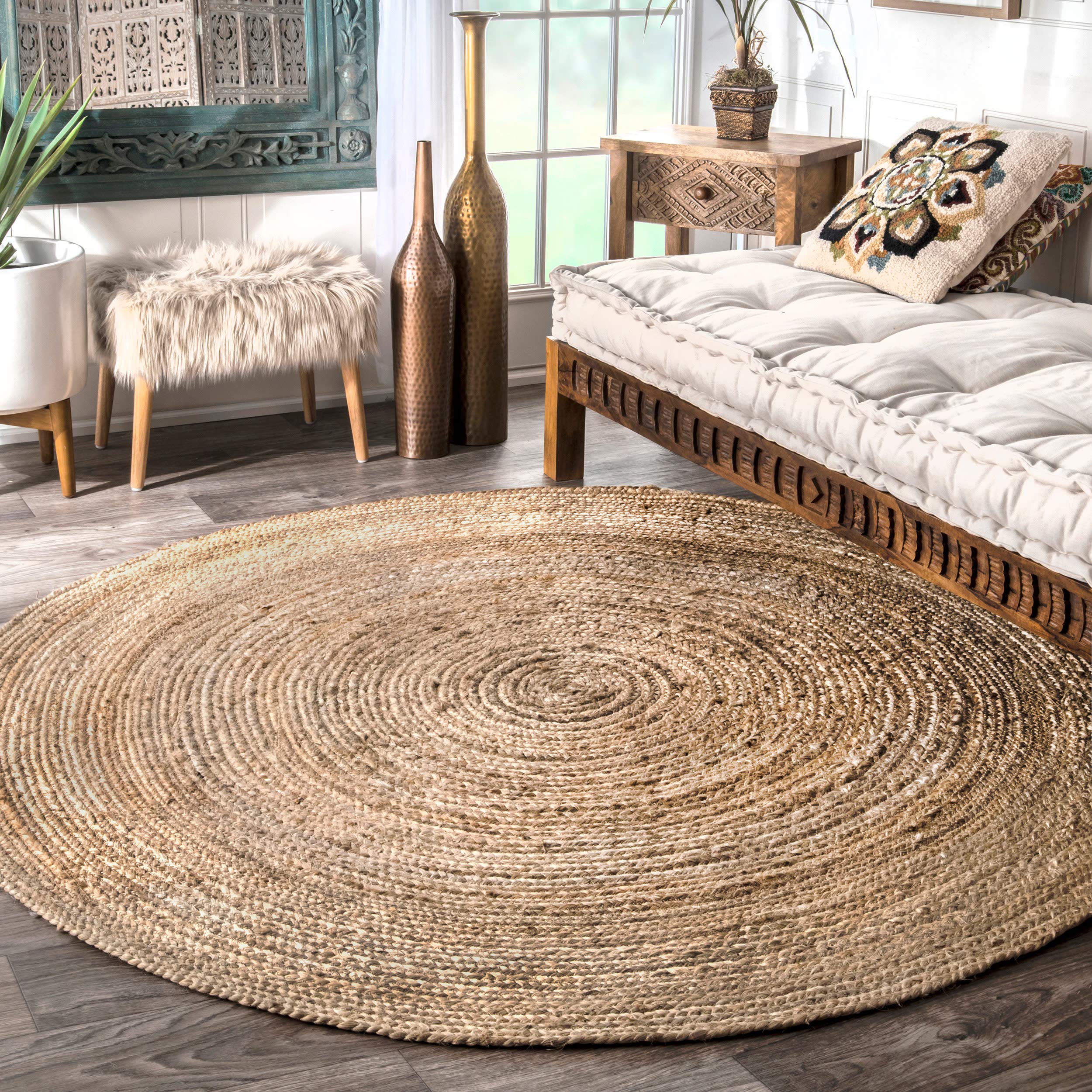 nuLOOM 7 Round Rigo Jute Hand Woven Area Rug, Natural, Solid Farmhouse Design, Natural Fiber, For Bedroom, Living Room, Dining R