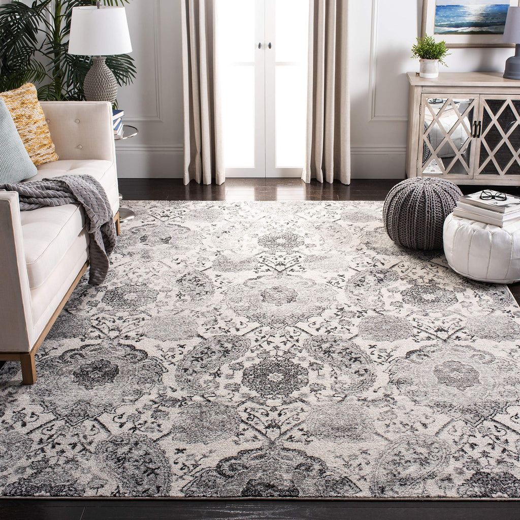 SAFAVIEH Madison Collection Area Rug - 6'7'' Square, Cream & Silver, Boho Chic Glam Paisley Design, Non-Shedding & Easy Care, Id