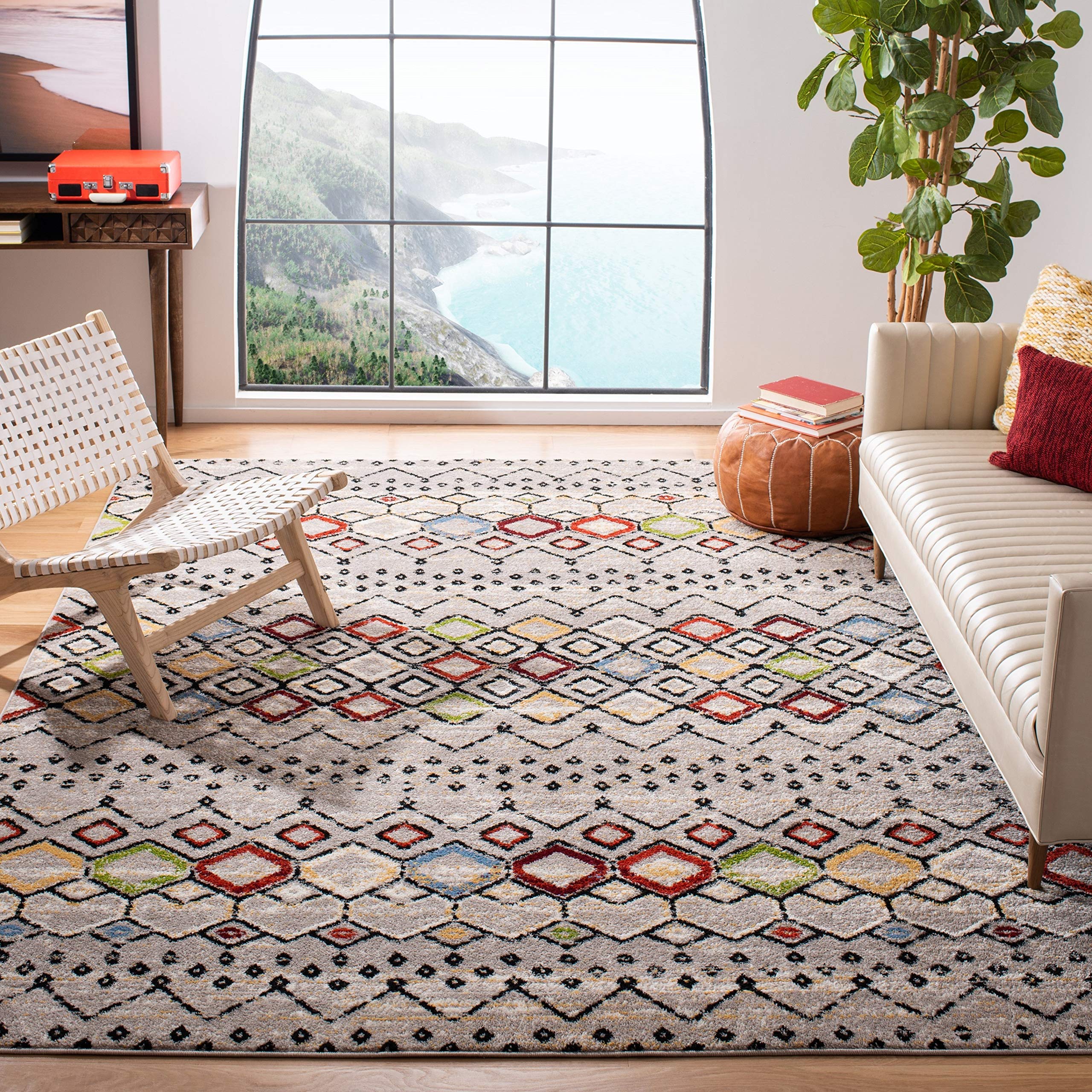 Safavieh Amsterdam Collection 9' Round Dark Grey/Ivory Ams108H Moroccan Boho Non-Shedding Dining Room Entryway Foyer Living Room