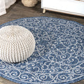 Jonathan Y Smb106D-5R Charleston Vintage Filigree Textured Weave Indoor Outdoor Area-Rug Classic Coastal Easy-Cleaning Bedroom Kitchen Backyard Patio Non Shedding, 5' Round, Navy/Gray