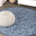 Jonathan Y Smb106D-5R Charleston Vintage Filigree Textured Weave Indoor Outdoor Area-Rug Classic Coastal Easy-Cleaning Bedroom Kitchen Backyard Patio Non Shedding, 5' Round, Navy/Gray
