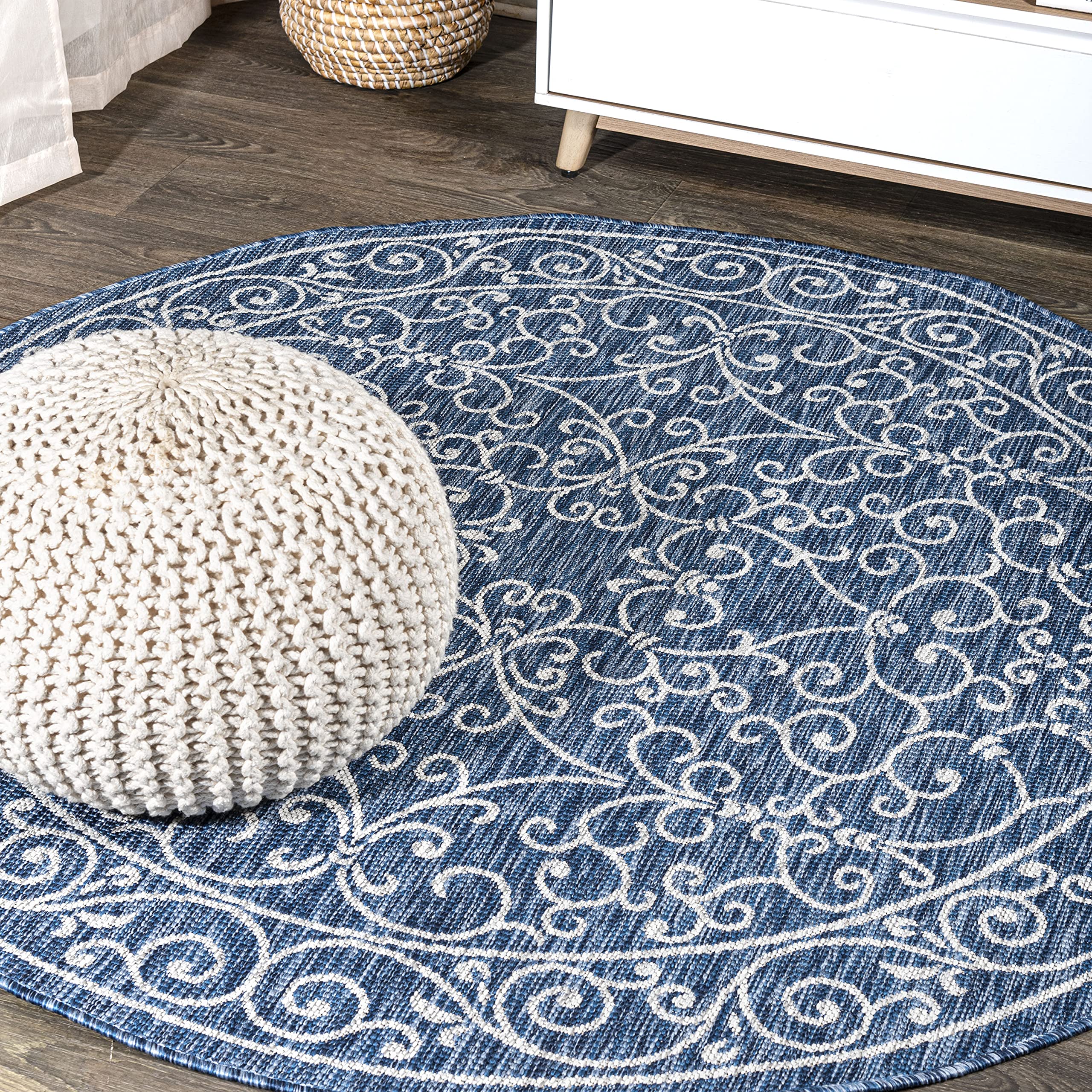 Jonathan Y Smb106D-6R Charleston Vintage Filigree Textured Weave Navy/Gray 6' Round Indoor/Outdoor Area Rug, Pet Friendly, Non-S