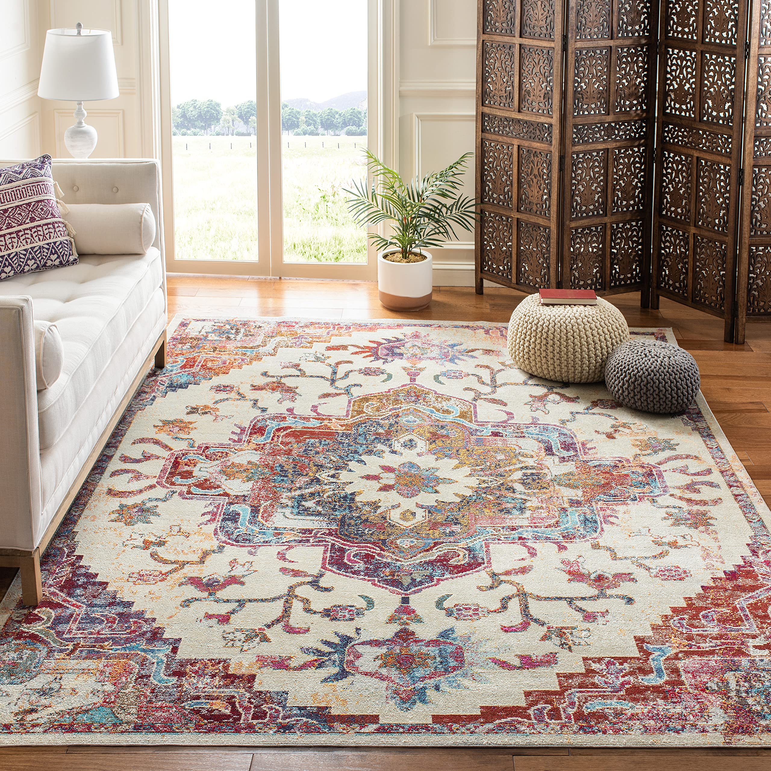 SAFAVIEH Crystal Collection 7 Square Light Blue / Burgundy CRS501F Boho Chic Oriental Medallion Distressed Non-Shedding Living 