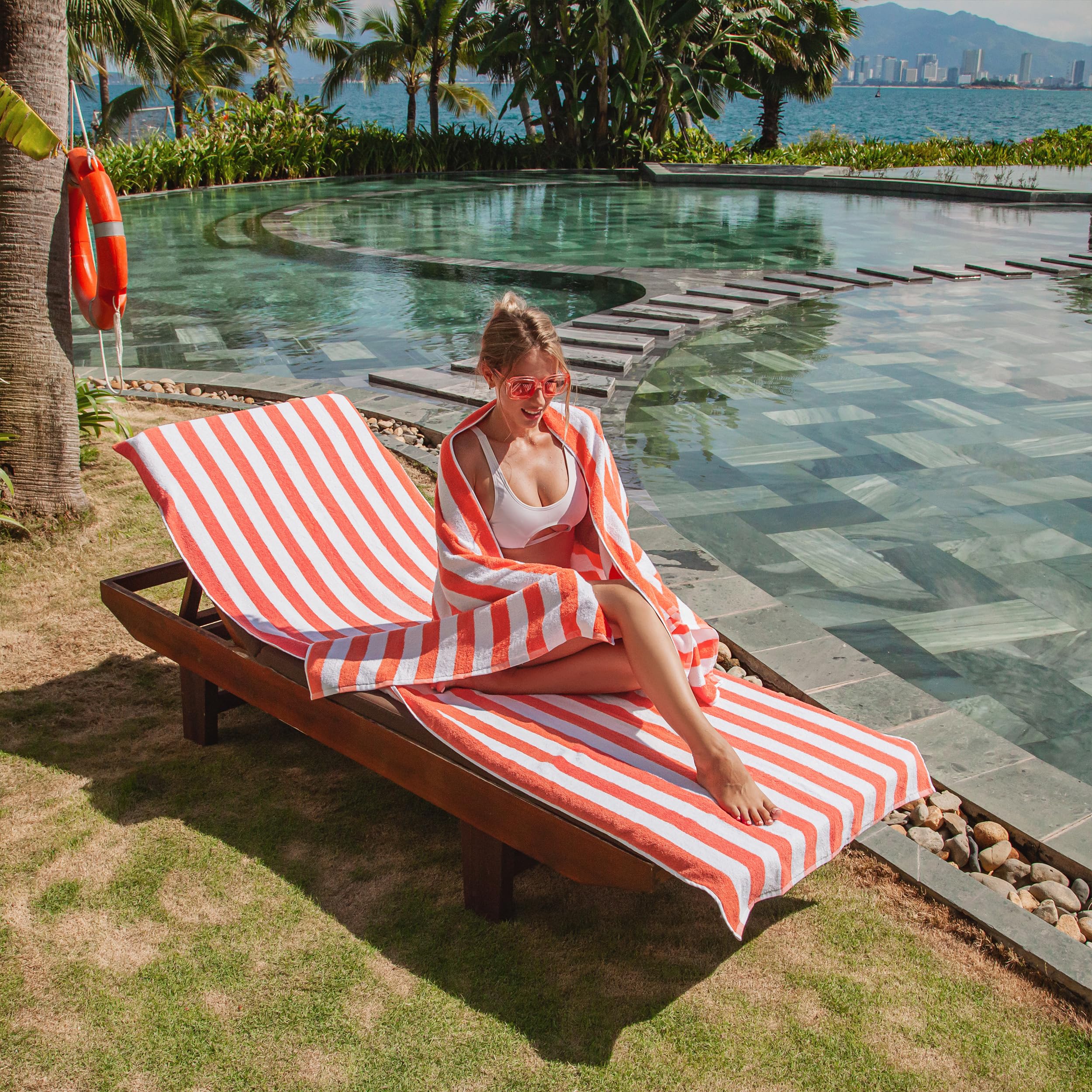 Arkwright California Chaise Lounge Cover - Case Of 12 - Striped Soft Cotton Cabana Towel With Pocket Holder For Beach Pool Outdoor Chair, 30 X 85 In., Coral
